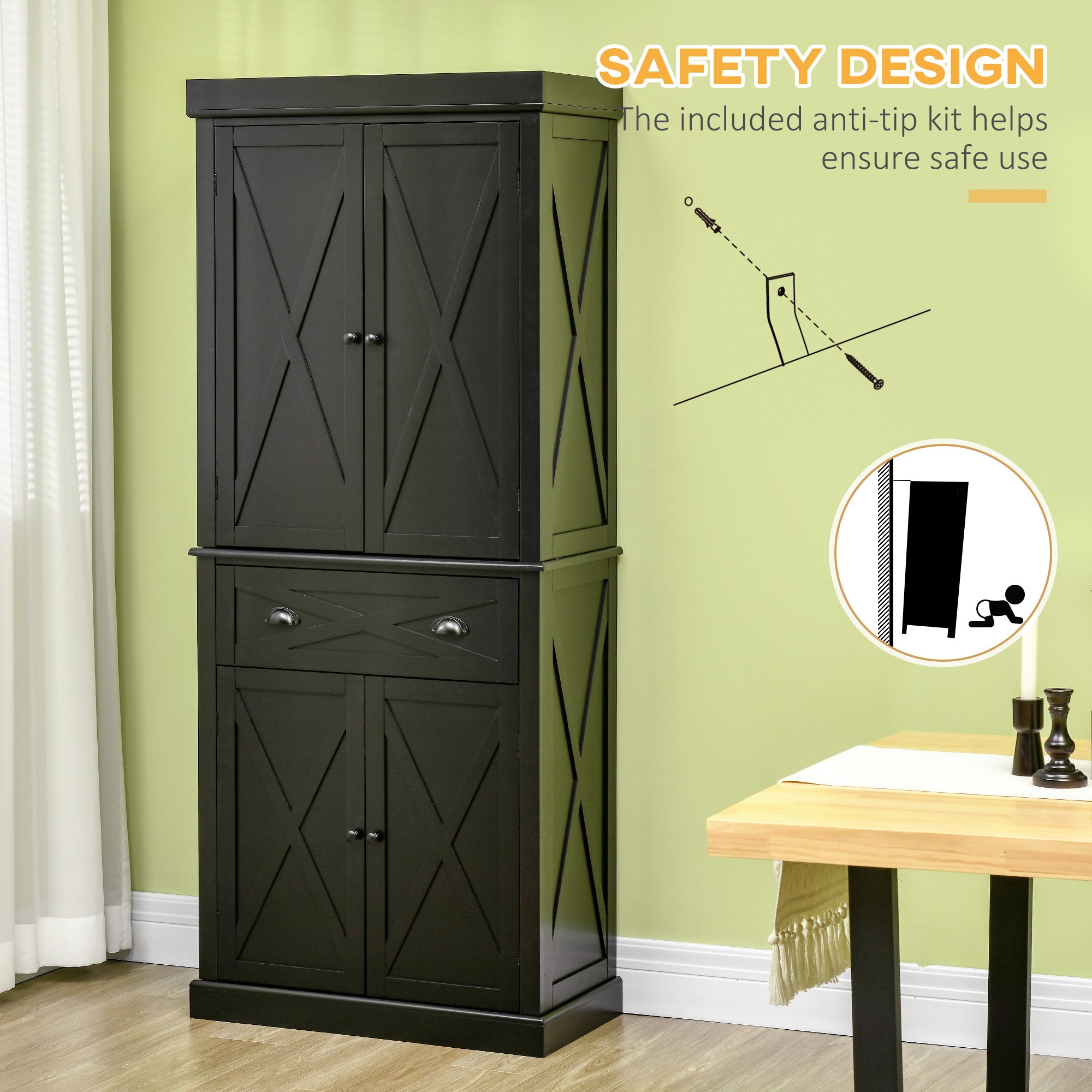 72" Kitchen Pantry Storage Cabinet, Freestanding Cupboard w/ 4 Doors & 2 Shelves, Black