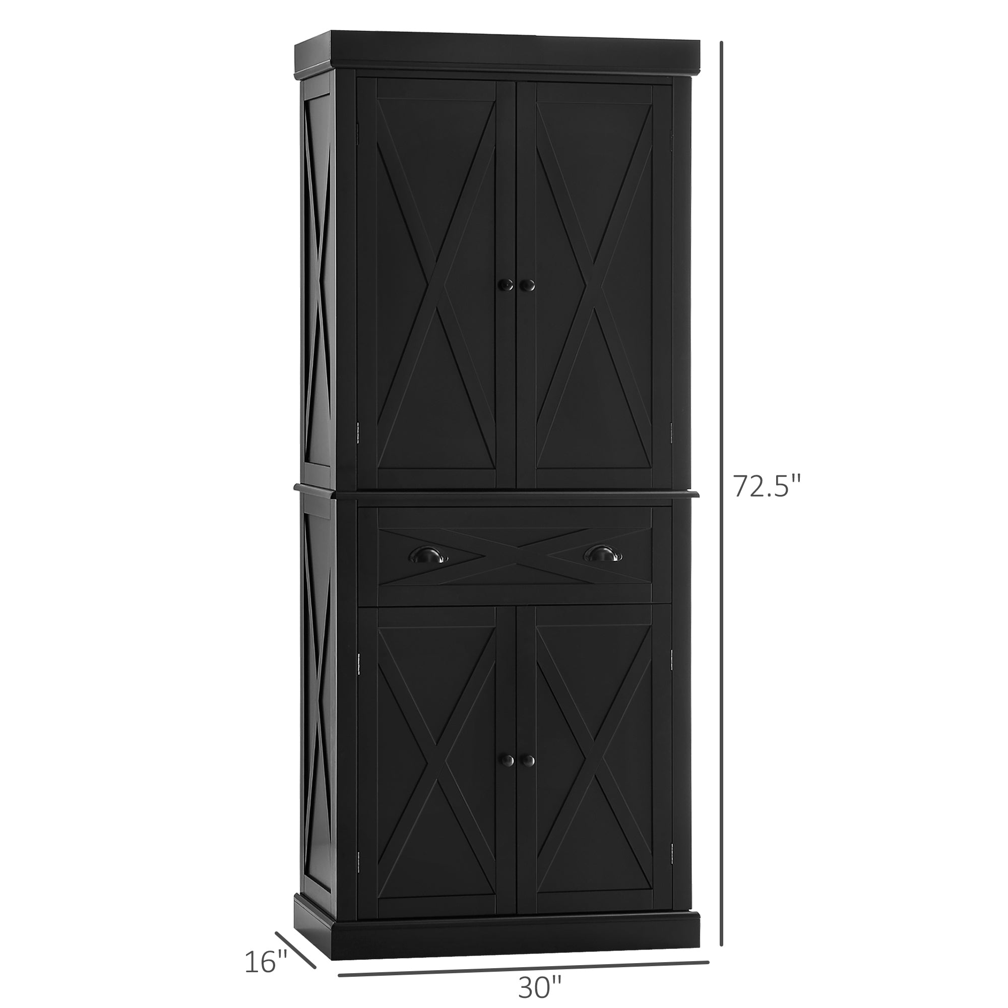 72" Kitchen Pantry Storage Cabinet, Freestanding Cupboard w/ 4 Doors & 2 Shelves, Black