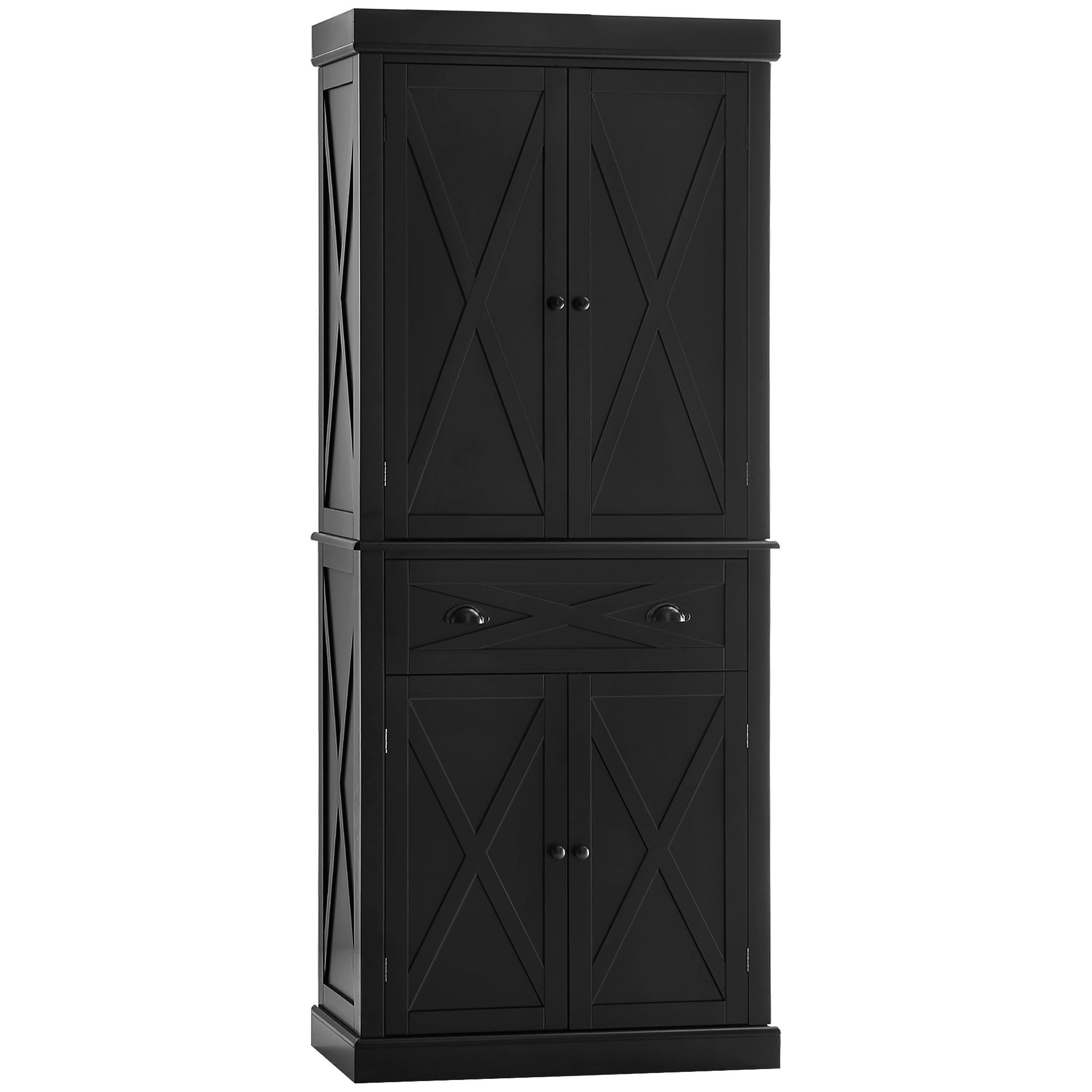 72" Kitchen Pantry Storage Cabinet, Freestanding Cupboard w/ 4 Doors & 2 Shelves, Black