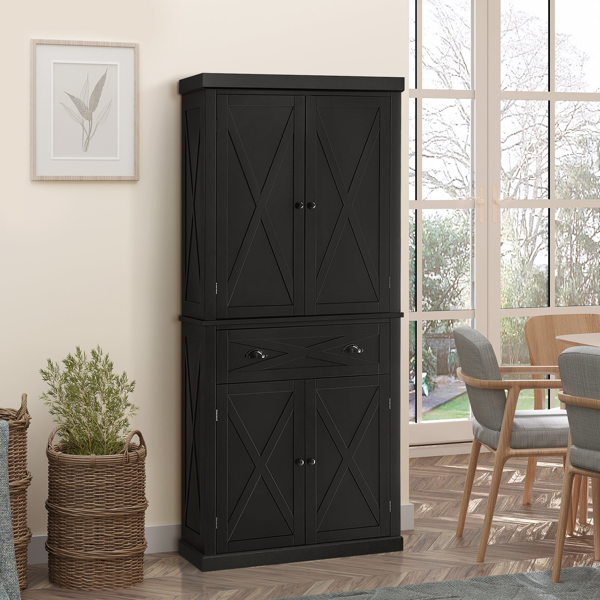 72" Kitchen Pantry Storage Cabinet, Freestanding Cupboard w/ 4 Doors & 2 Shelves, Black