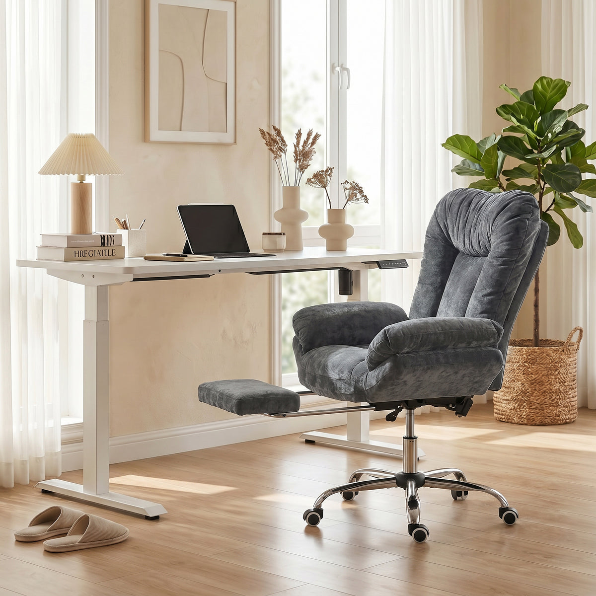 Criss Cross Office Chair with Footrest, Swivel Wheels, Wide Task Desk Chair with Overstuffed Reclining Backrest, Waterfall Arms, Adjustable Height, Cross Legged, Dark Grey