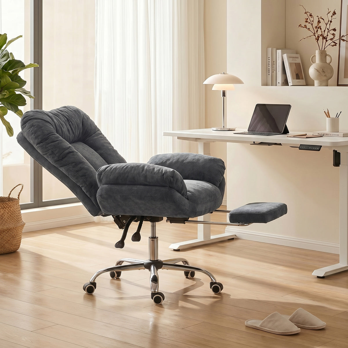 Criss Cross Office Chair with Footrest, Swivel Wheels, Wide Task Desk Chair with Overstuffed Reclining Backrest, Waterfall Arms, Adjustable Height, Cross Legged, Dark Grey