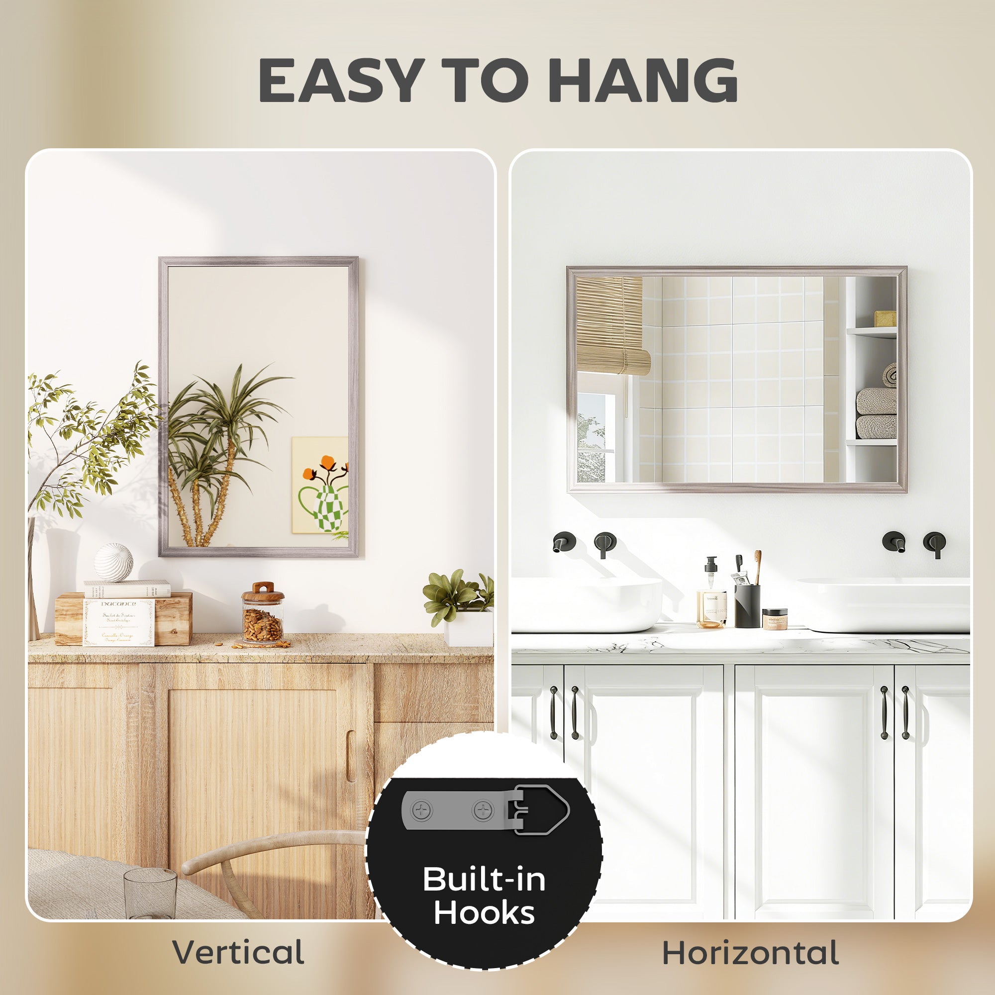 Decorative Rectangular Wall Mirror, 40W x 60H cm Wall-Mounted Bathroom Mirror for Living Room, Bedroom, Hallway, Grey Wood Grain