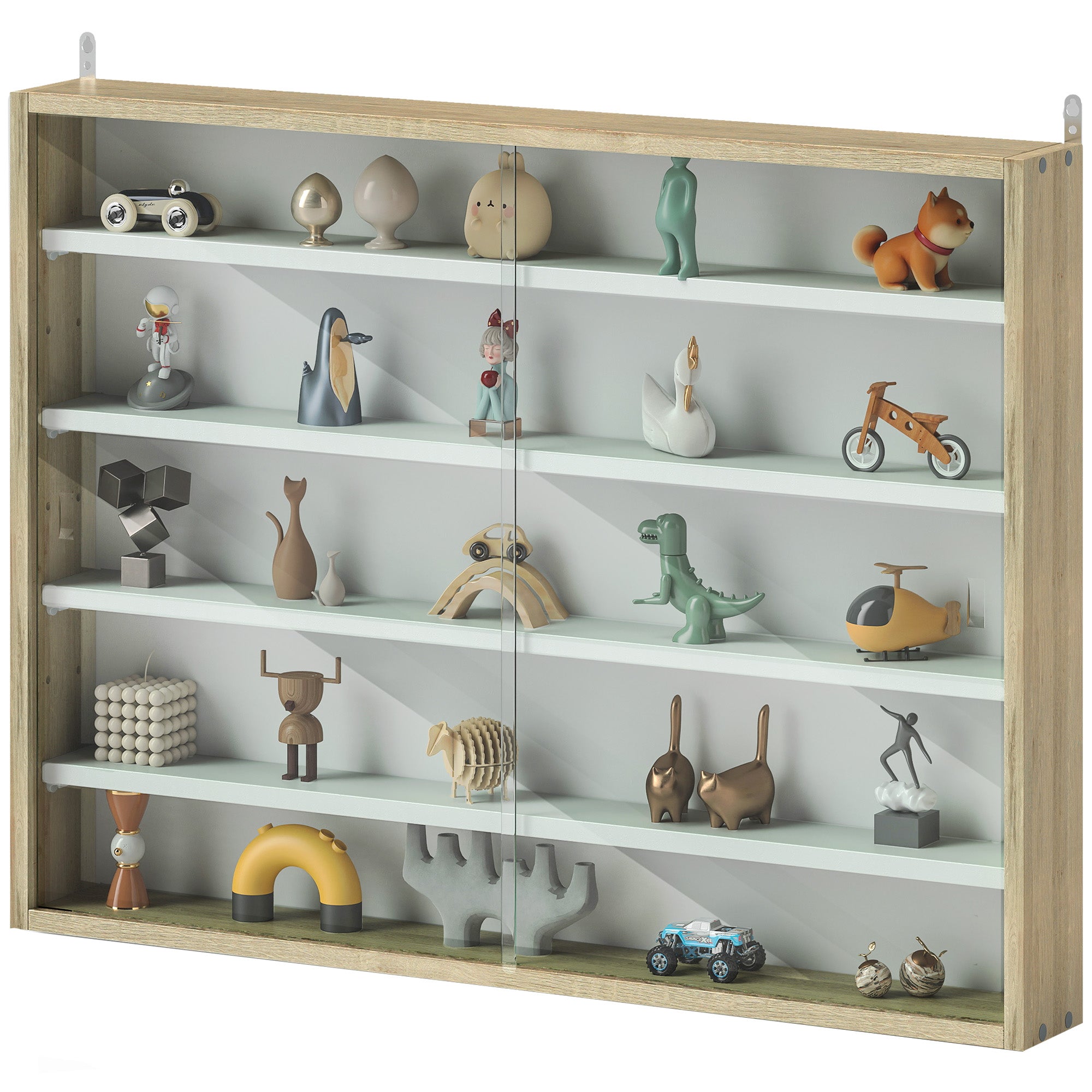 5-Tier Display Cabinet, Glass Door Cabinet with Adjustable Shelves, Wall-Mounted Display Case for Playroom, Bedroom, Oak and White
