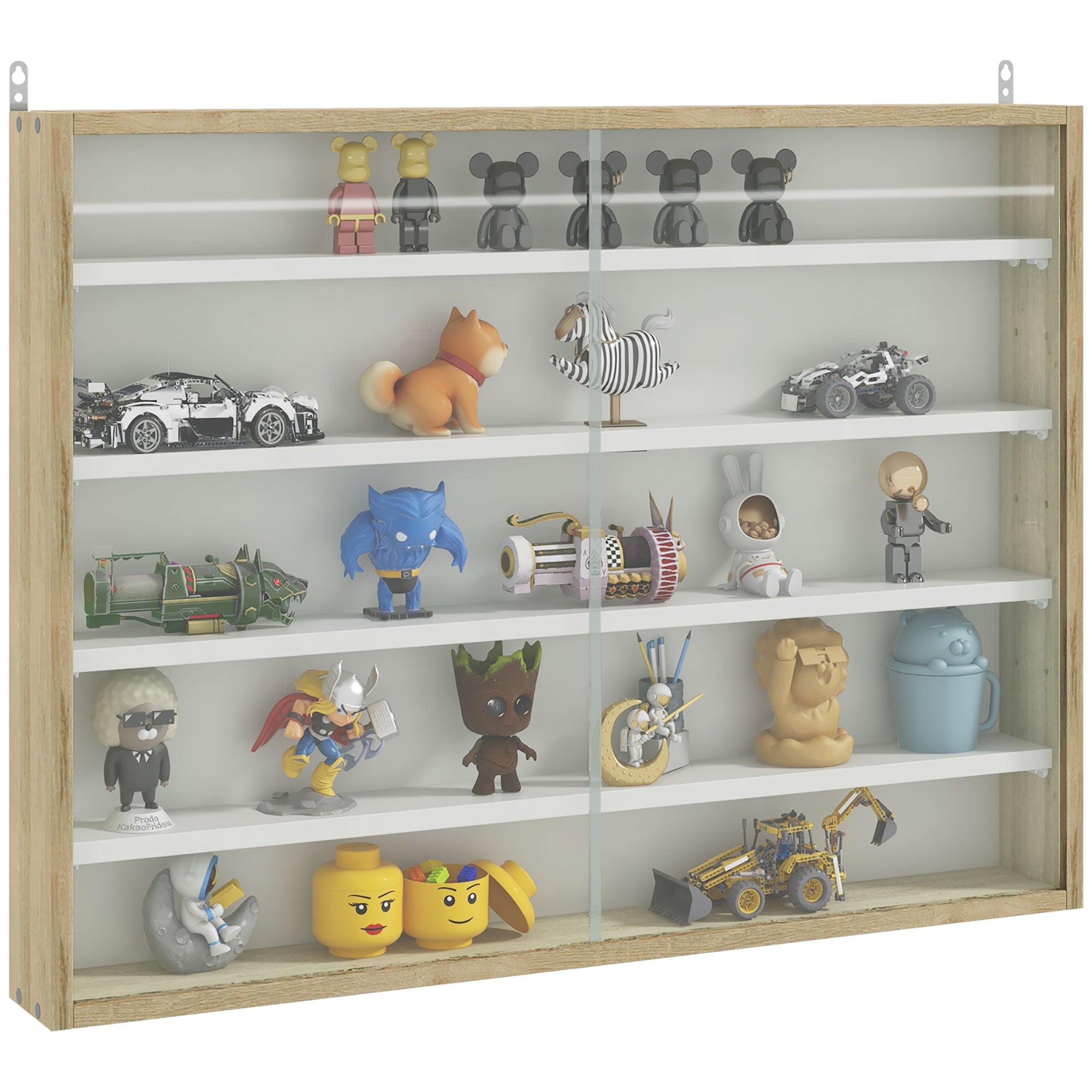 5-Tier Display Cabinet, Glass Door Cabinet with Adjustable Shelves, Wall-Mounted Display Case for Playroom, Bedroom, Oak and White