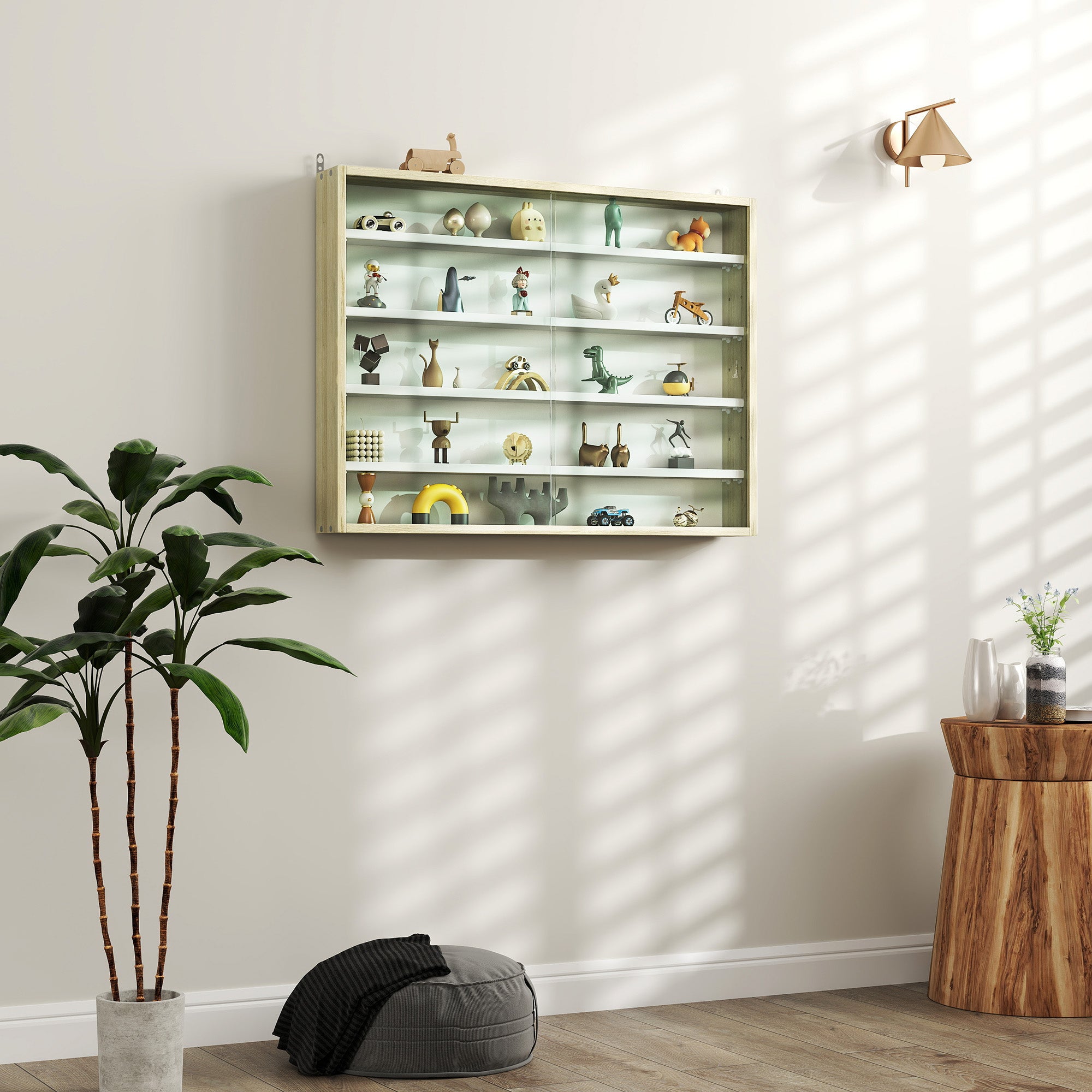 5-Tier Display Cabinet, Glass Door Cabinet with Adjustable Shelves, Wall-Mounted Display Case for Playroom, Bedroom, Oak and White