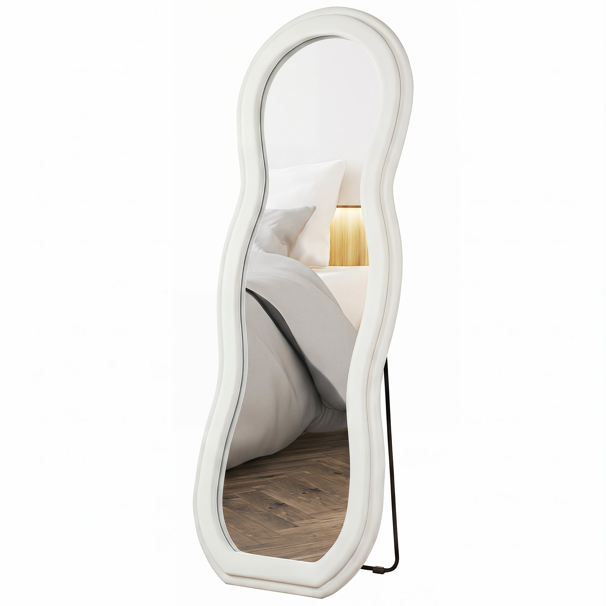 64" x 24" Full Length Mirror, Standing Floor Mirror Hanging or Wall Mount, with Arched Wavy Velvet Frame for Bedroom, Living Room, White