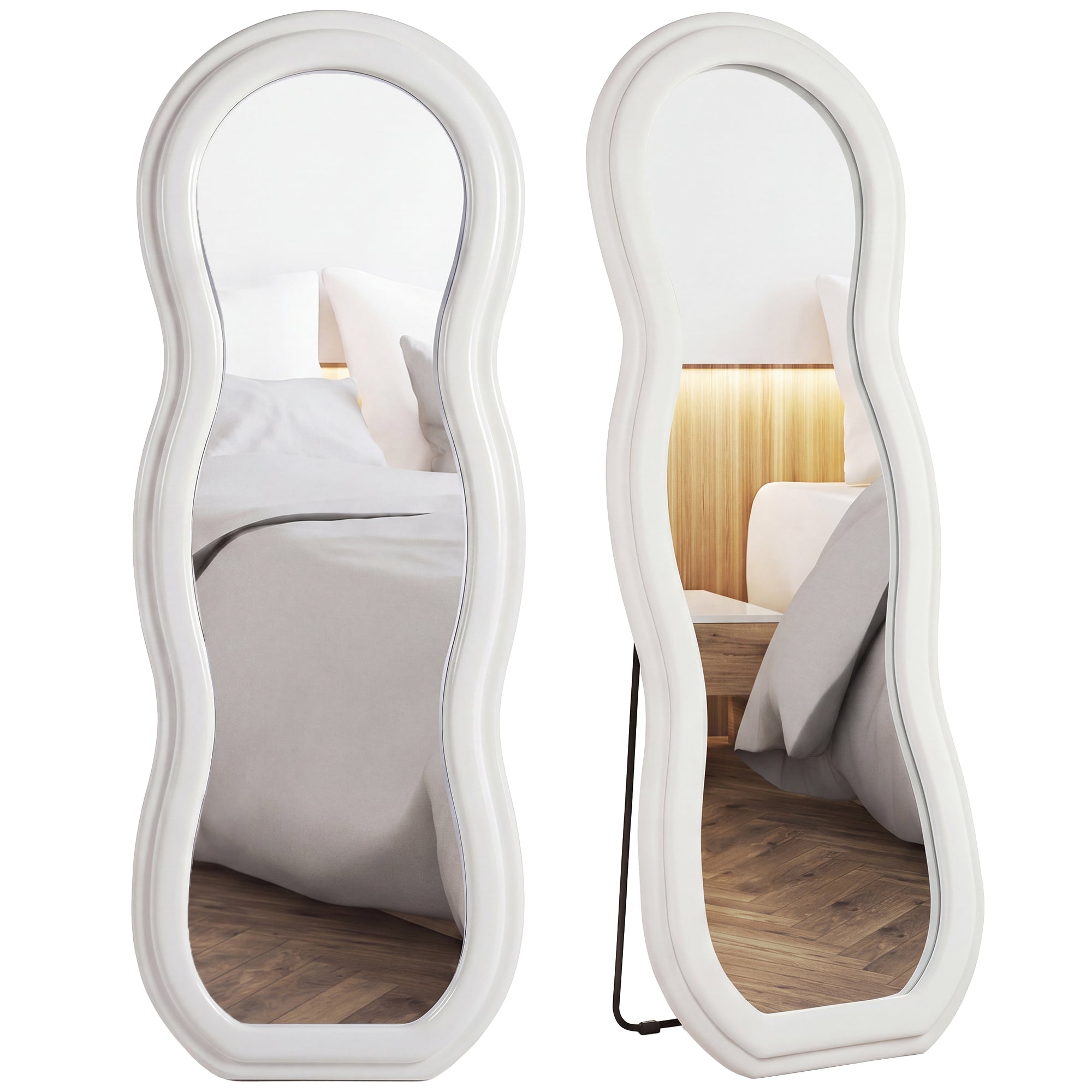64" x 24" Full Length Mirror, Standing Floor Mirror Hanging or Wall Mount, with Arched Wavy Velvet Frame for Bedroom, Living Room, White
