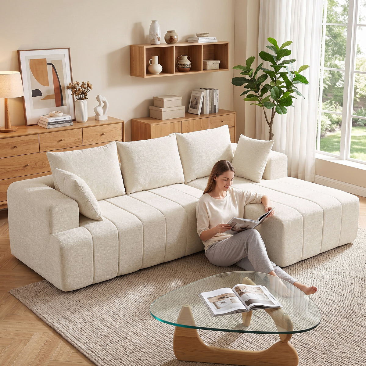 101" Modular Sectional Sofa with Chaise, Chenille Boneless Cloud Sofa Bed, 3 Seater L-Shaped Couch with Spring Cushion, Wide and Deep Seat, Wide Arms, No Assembly, Beige