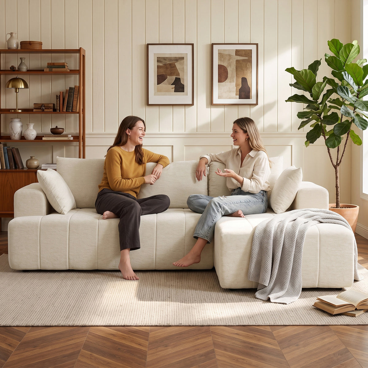 101" Modular Sectional Sofa with Chaise, Chenille Boneless Cloud Sofa Bed, 3 Seater L-Shaped Couch with Spring Cushion, Wide and Deep Seat, Wide Arms, No Assembly, Beige