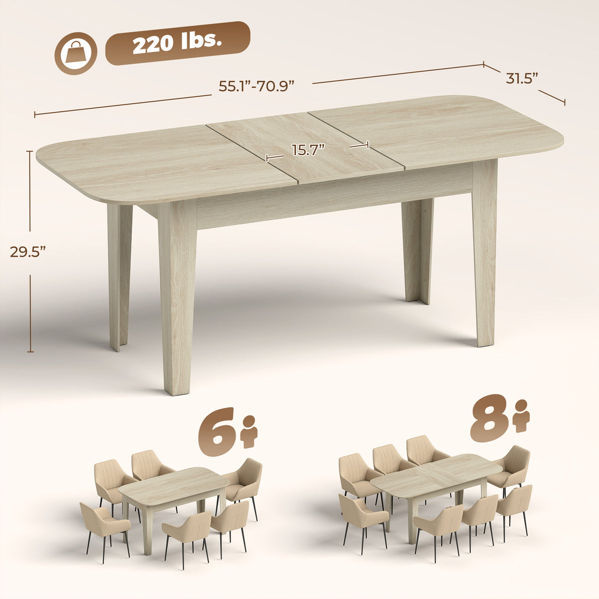 55" - 71" Extendable Dining Table for 4-6, Farmhouse Oval Expandable Kitchen Table, Round Edges, Space Saving for Dinner, Living Room, Small Kitchens, Oak
