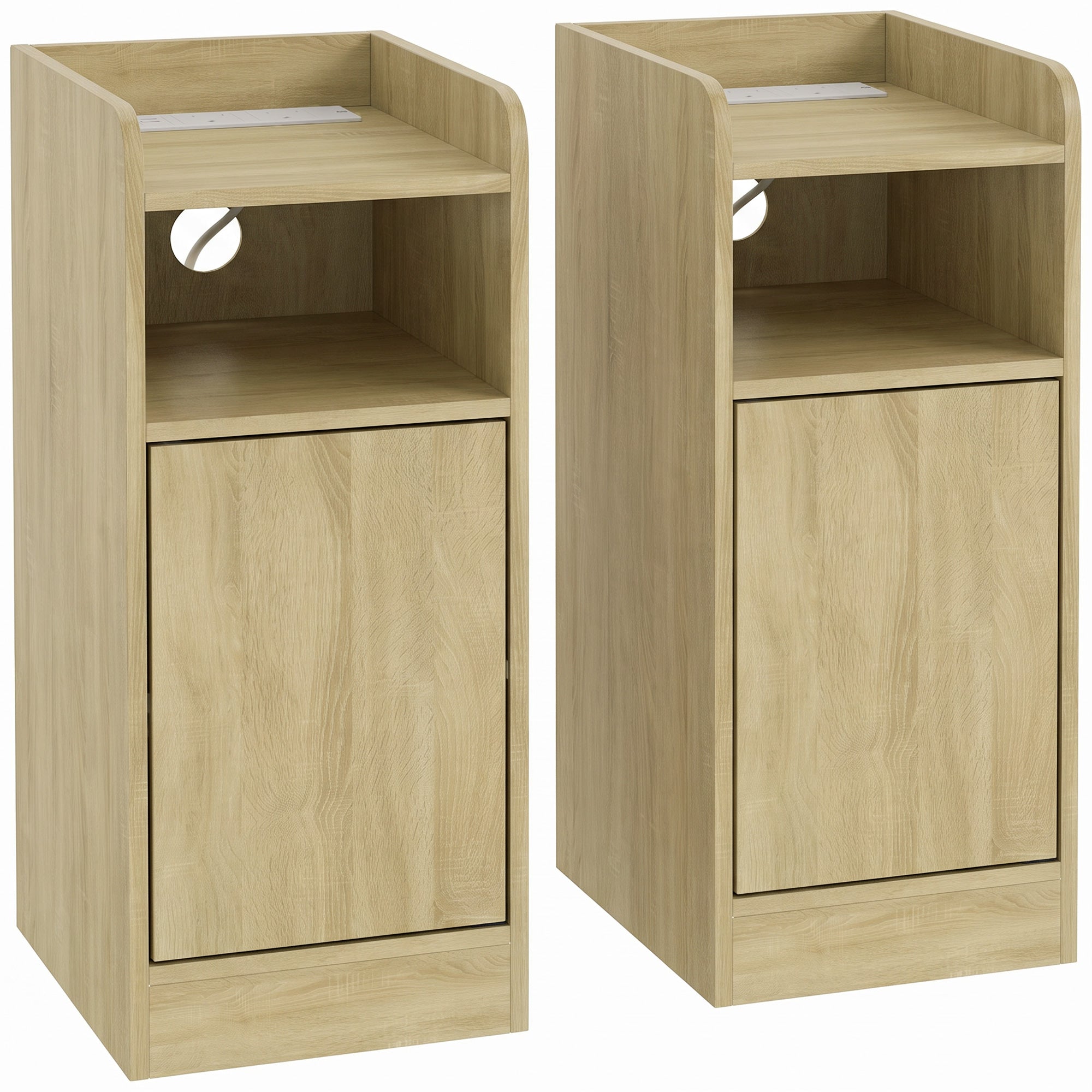Slim Bedside Table Set of 2 with Charging Station, Narrow Bedside Cabinet with Open Compartment, Adjustable Shelf and Cupboard, Side End Table for Bedroom Living Room Compact Nooks, Oak