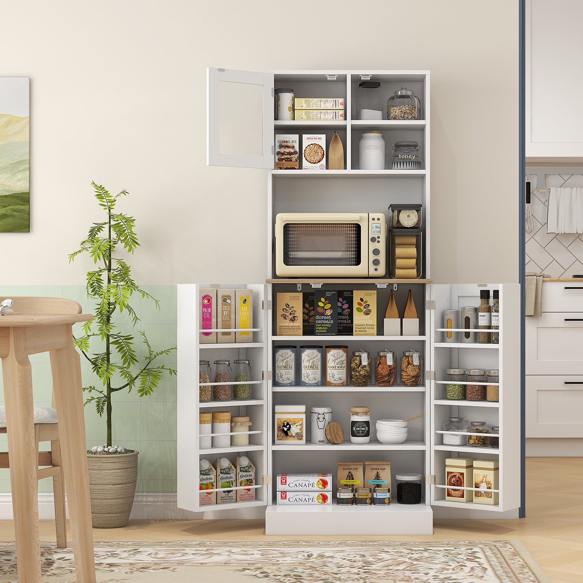 169cm Kitchen Cupboard, Freestanding Storage Cabinet with Microwave Shelf, Adjustable Shelves & 8 Door Storage, Modern Kitchen Pantry with Glass Door for Living Room, Dining Room, White