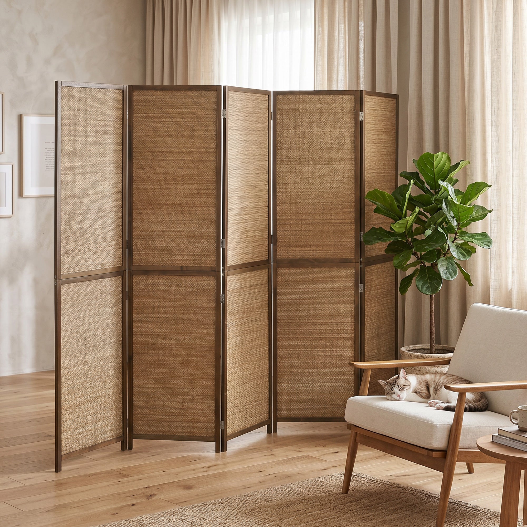 Room Divider, 6 FT Tall Folding Privacy Screen, 6 Panel Hand-Woven Bamboo Wall Partition for Room Separation, Portable Boho Freestanding Wall Divider for Bedroom, Home Office, Brown