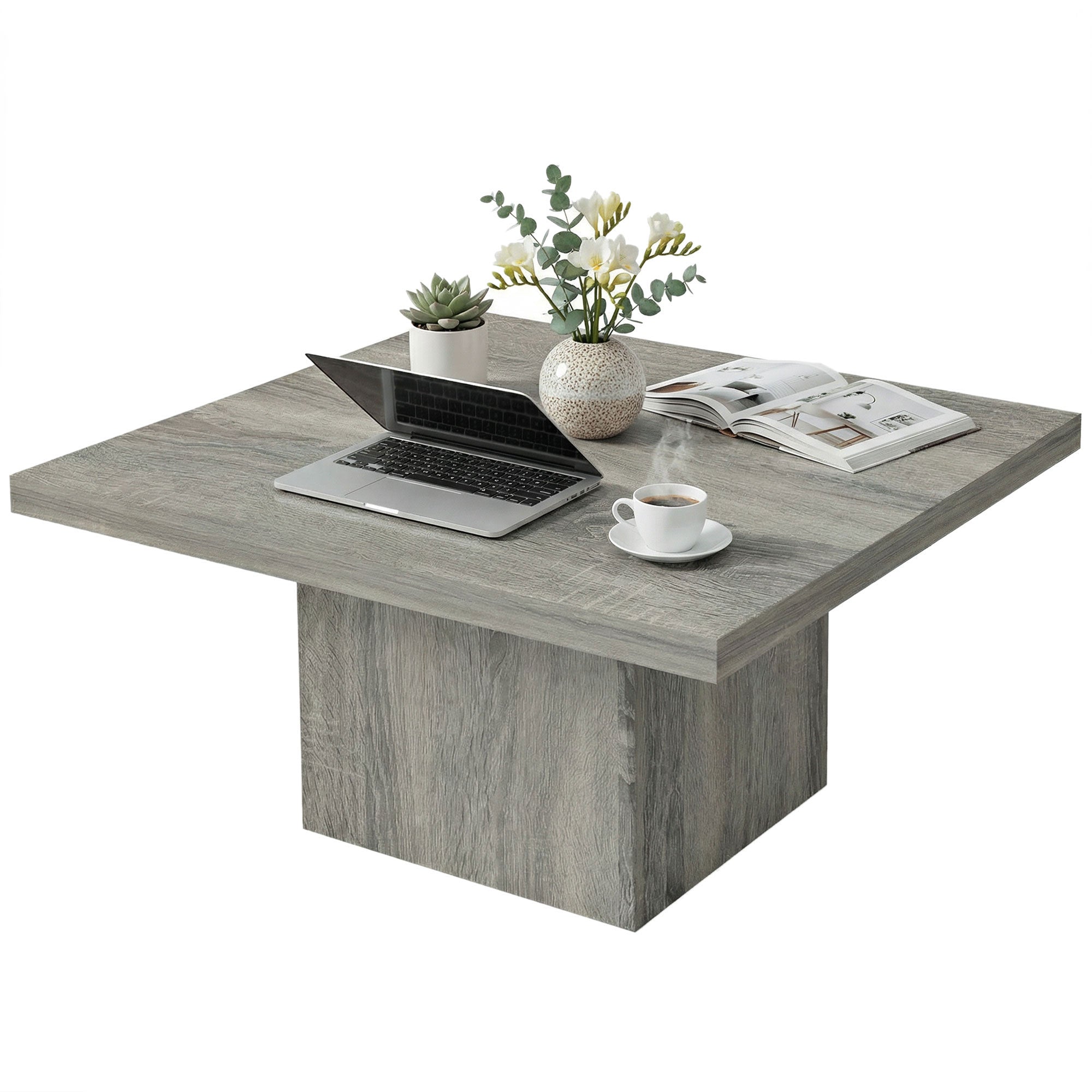 Square Coffee Table, Center Table with 1.6" Thick Tabletop for Living Room, Easy Assembly, 31.5"x31.5", Gray Wood Grain