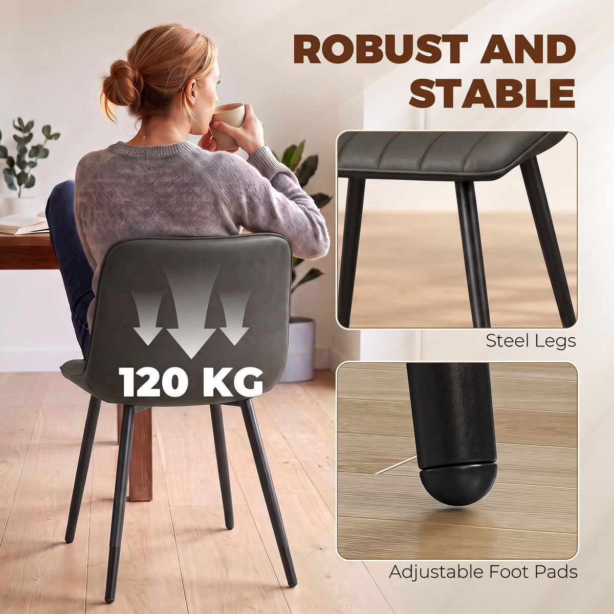 Modern Dining Chairs Set of 2, Curved Faux Leather Upholstered Kitchen Chairs with Metal Legs for Dining Room, Kitchen, Living Room, Grey