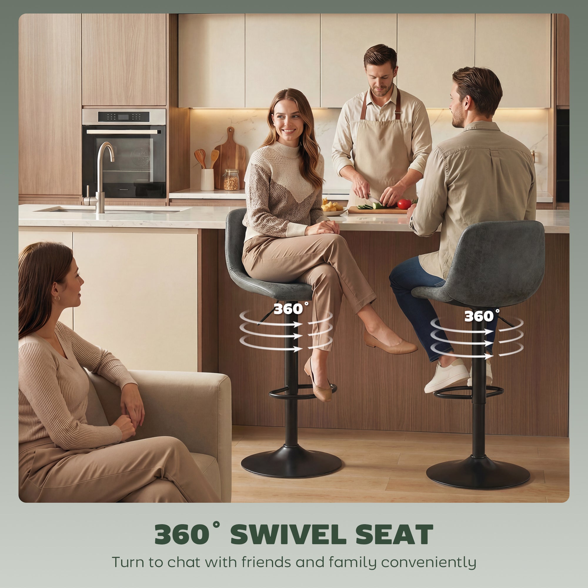 Bar Stools Set of 2, Modern Swivel Barstools, Height Adjustable Breakfast Bar Chairs with Footrest for Kitchen Island and Dining Room, Green
