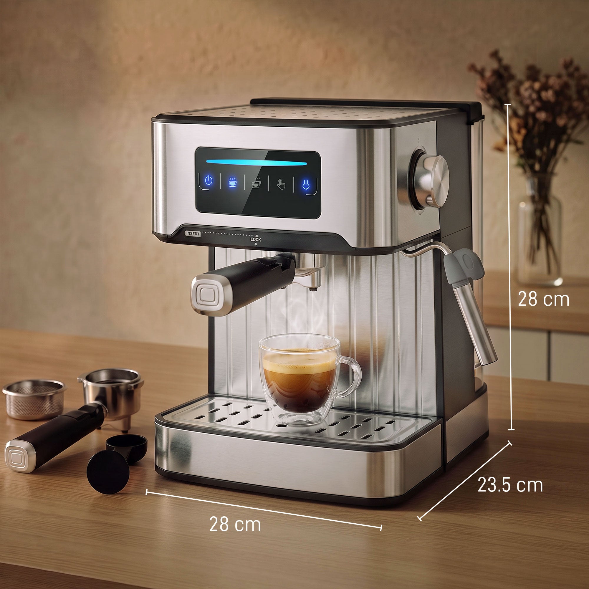 Espresso Machine with Milk Frother Wand, 1.6 L Water Tank, 850W Semi Automatic 20 Bar Coffee Machine, Latte Cappuccino Maker with Single/Double/Manual Shot, LED Touch, Hot Water, Cup Warming