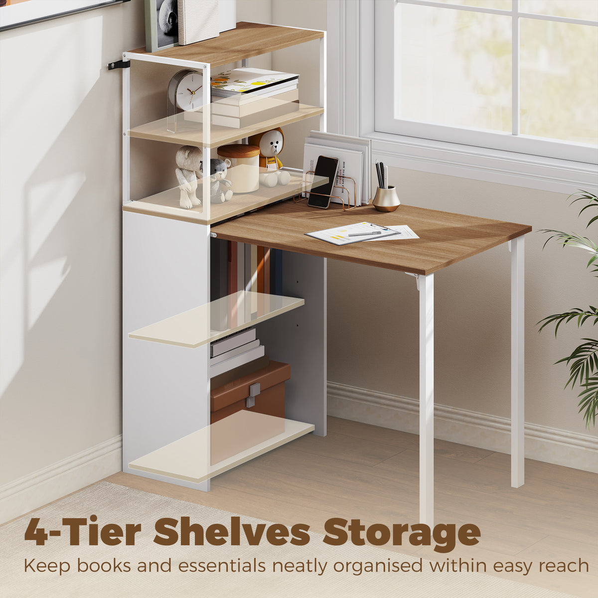 Folding Computer Desk with 4-Tier Bookshelf, 41" Space-Saving Home Office Desk, 2-in-1 Compact Industrial Office Table for Small Spaces, Home Office, Natural
