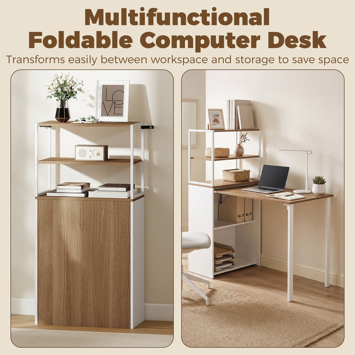 Folding Computer Desk with 4-Tier Bookshelf, 41" Space-Saving Home Office Desk, 2-in-1 Compact Industrial Office Table for Small Spaces, Home Office, Natural