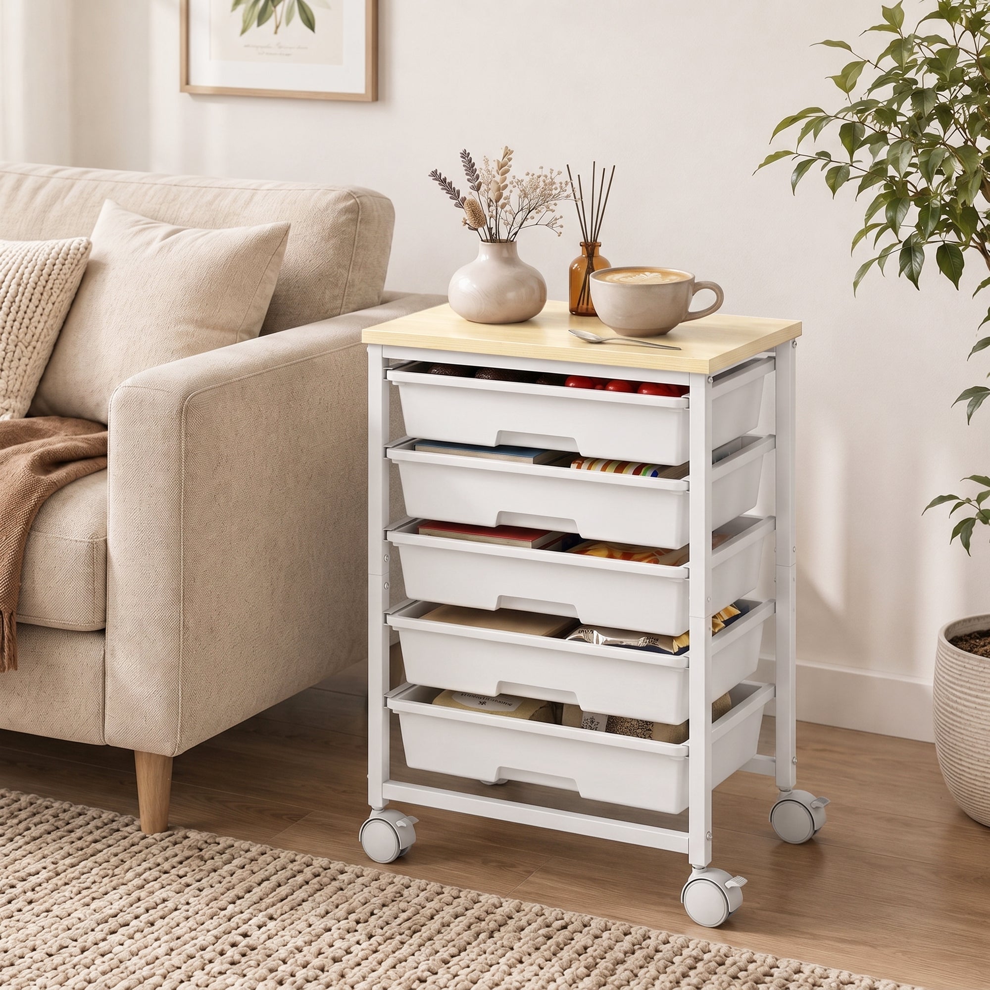6-Tier Storage Trolley on Wheels, Metal Kitchen Rolling Cart with 5 Pull-Out Drawers, Kitchen Storage Rack for Living Room, Dining Room, Bedroom, Bathroom, White