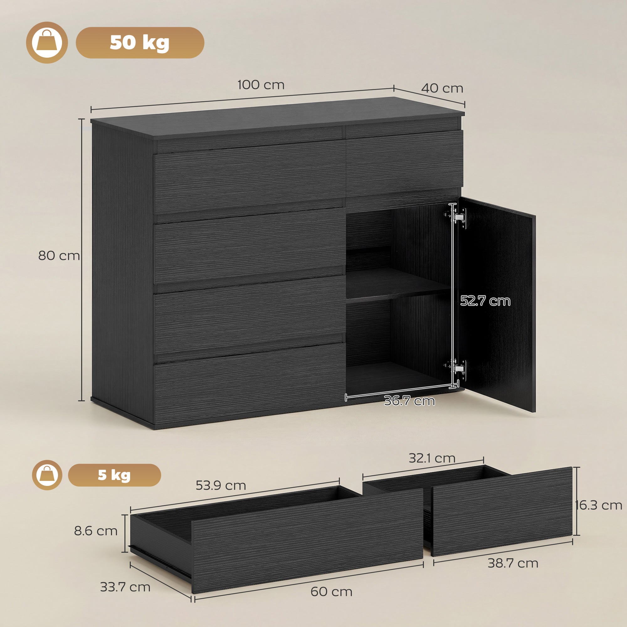 Modern Sideboard, Sideboard Storage Cabinet with 5 Drawers, Adjustable Shelf, Soft-Close Door, Storage Cupboard for Dining Room, Kitchen, Living Room, Black