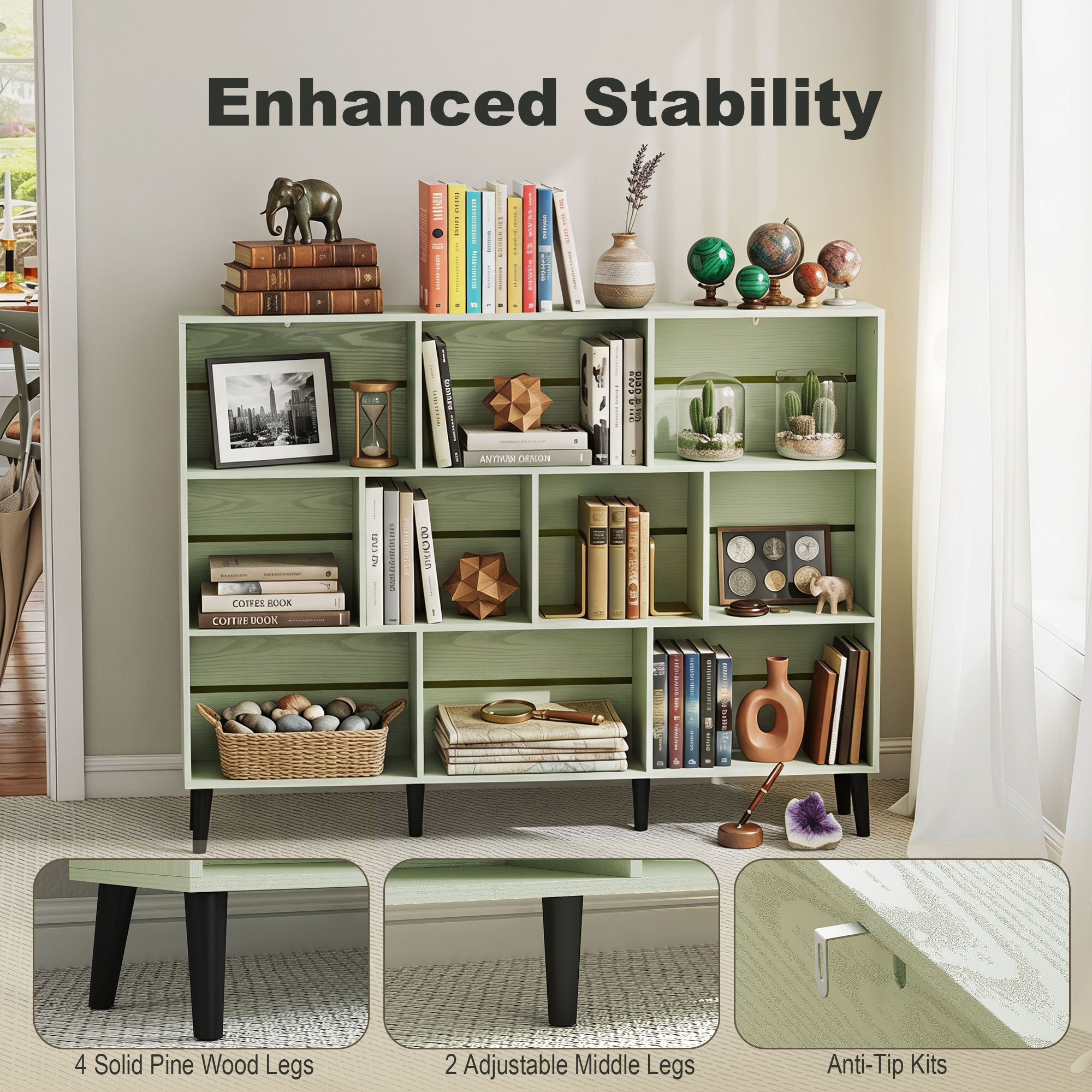 10-Cube Bookshelf, 3-Tier Bookcase with Solid Wood Legs, 140 cm Modern Freestanding Book Shelf with Anti-Tip Kit for Bedroom Living Room Study Office, Light Green