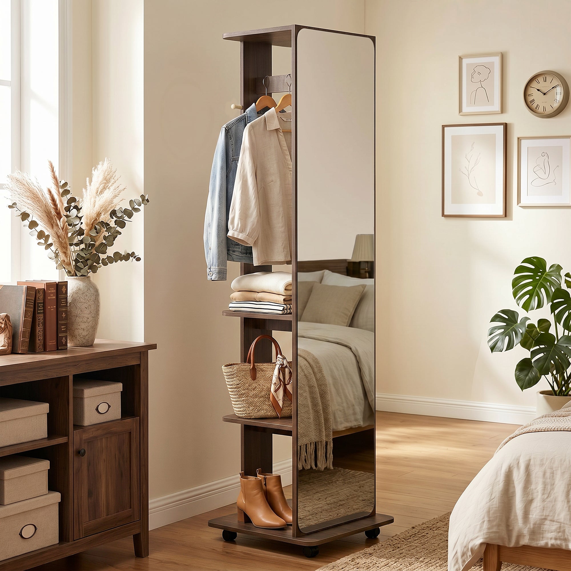15" x 62" Full Length Mirror, Tempered Glass Floor Mirror on Wheels with Storage Shelves, Coat Hangers for Bedroom, Living Room, Brown Wood Grain