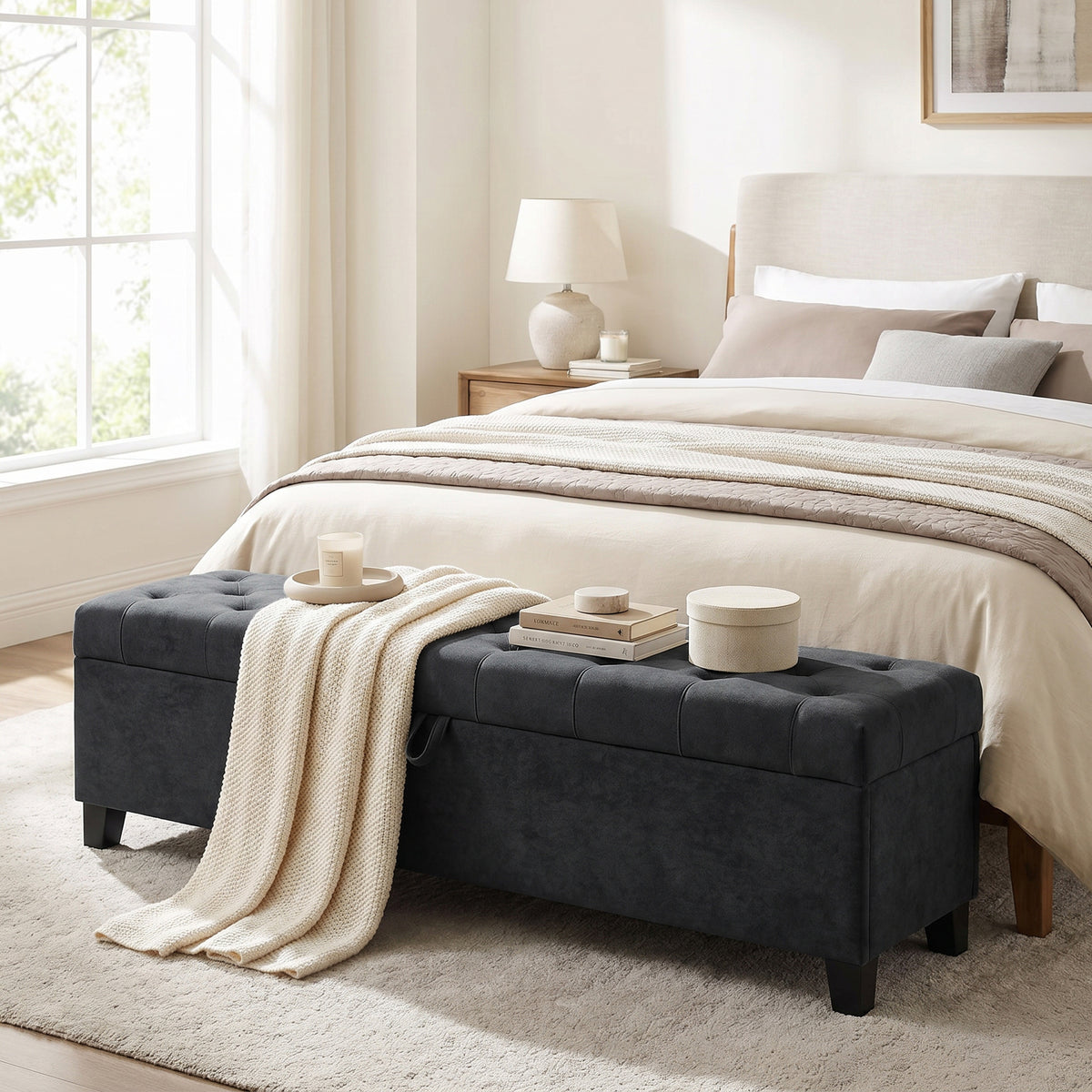 63" Storage Ottoman Bench, End of Bed Bench for Queen/King Bed, 63"x16.1"x17.7", Velvet Fabric Tufted Storage Chest for Living Room, Bedroom, Entryway, 528 lb, Dark Grey