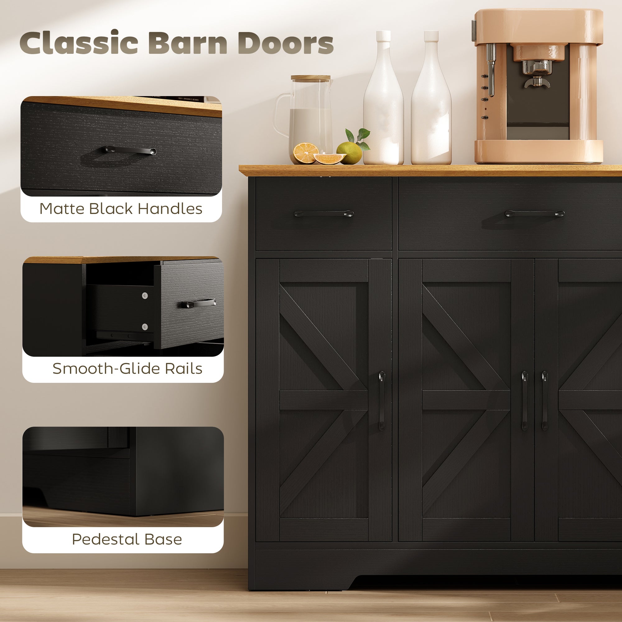47" Sideboard Buffet Cabinet, Farmhouse Credenza with Soft-Close Hinges, Coffee Bar Cabinet with Spice Racks, 3 Drawers and 3 Adjustable Shelves, Black