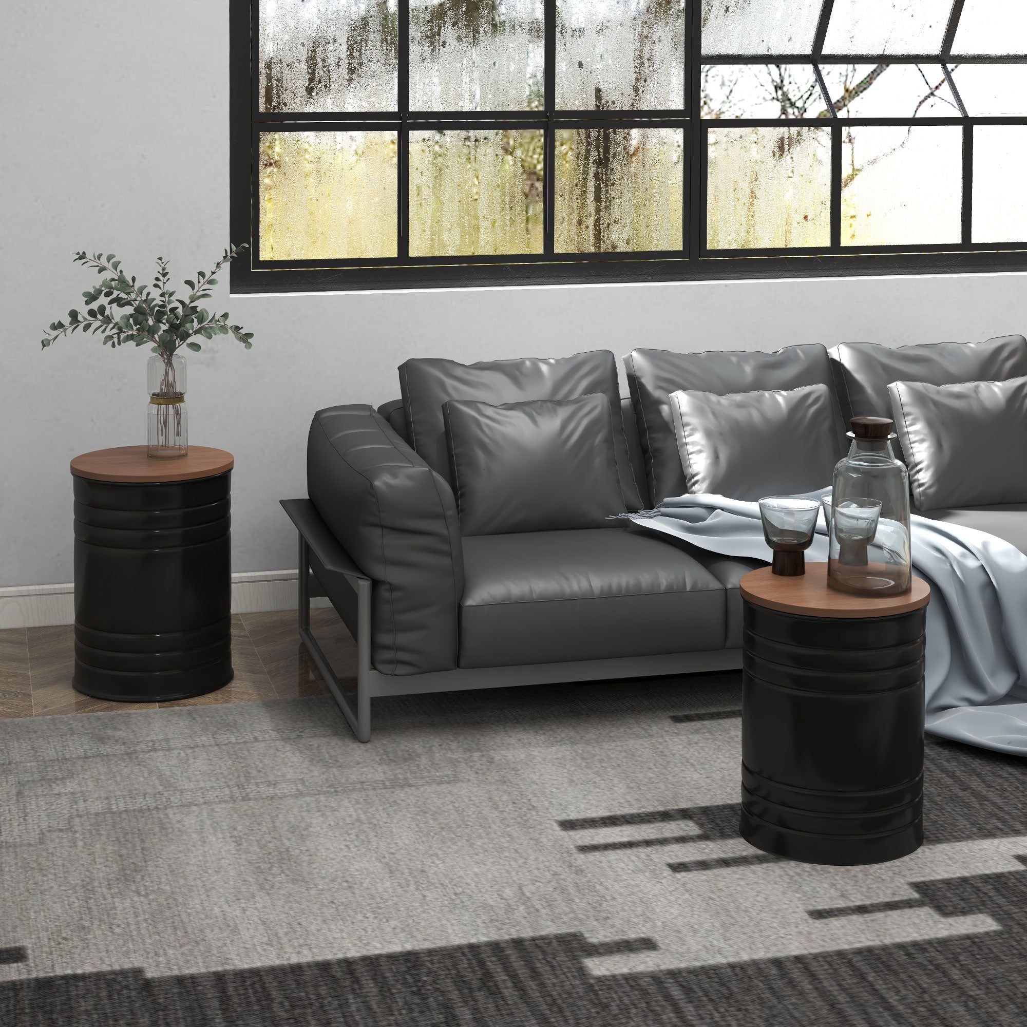 Round Storage Ottoman Set of 2, Nesting Ottomans w/ Wooden Lid & Hidden Storage Space