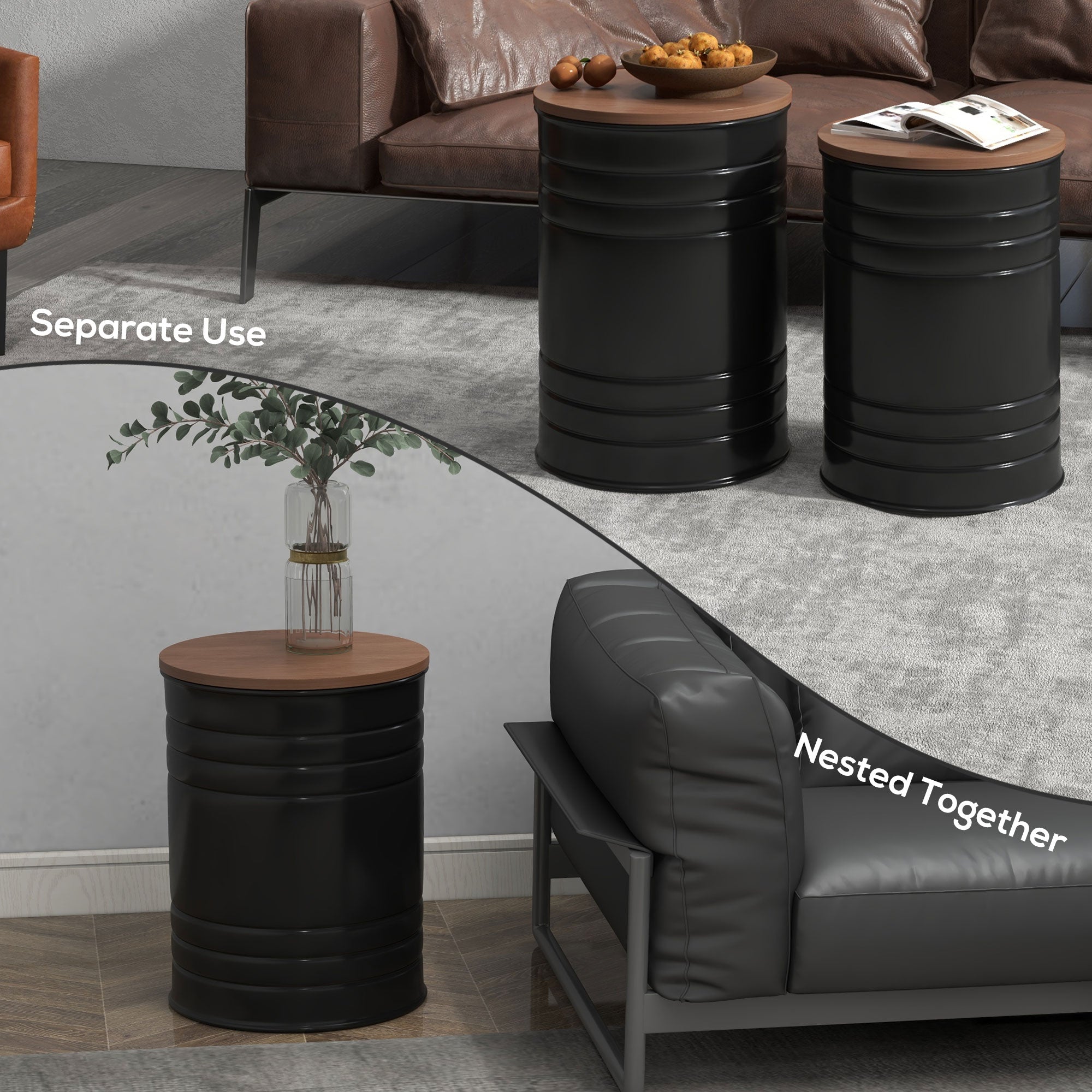 Round Storage Ottoman Set of 2, Nesting Ottomans w/ Wooden Lid & Hidden Storage Space