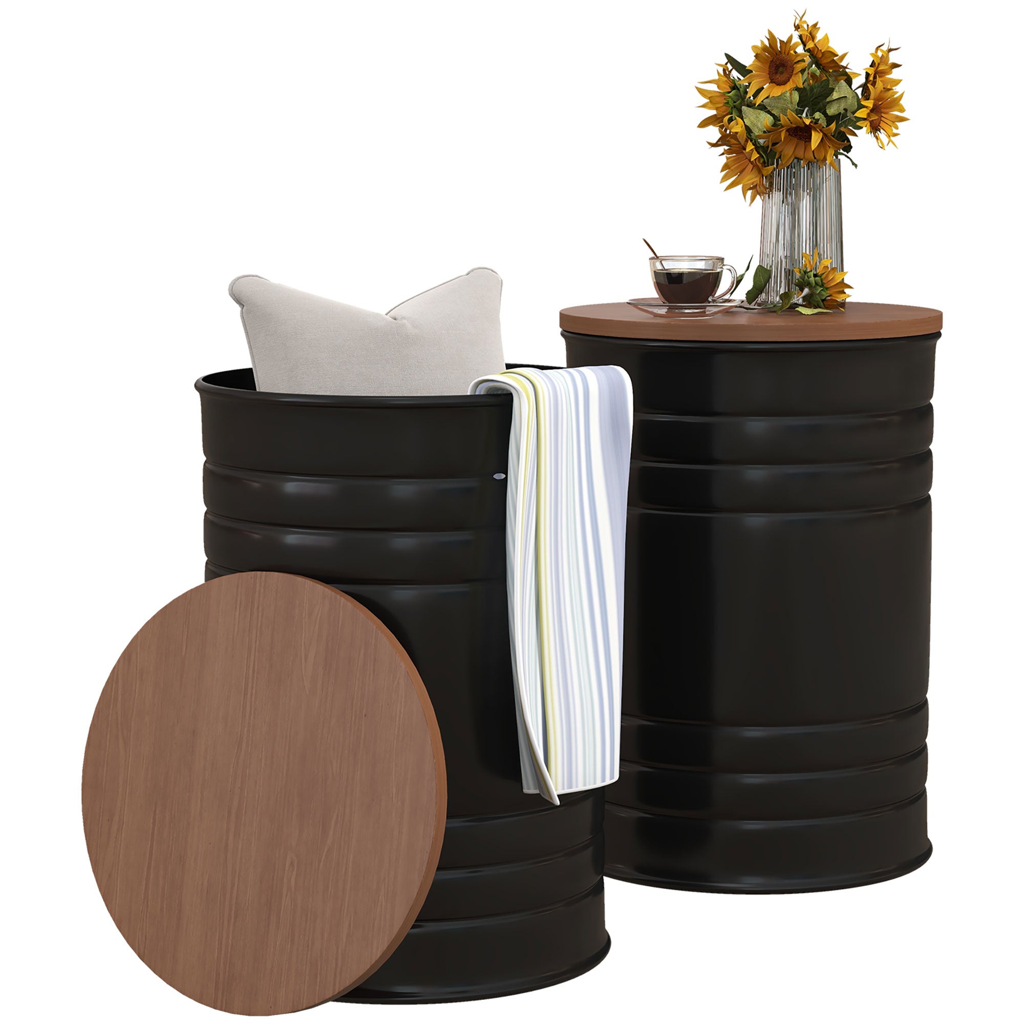 Round Storage Ottoman Set of 2, Nesting Ottomans w/ Wooden Lid & Hidden Storage Space - HOMCOM