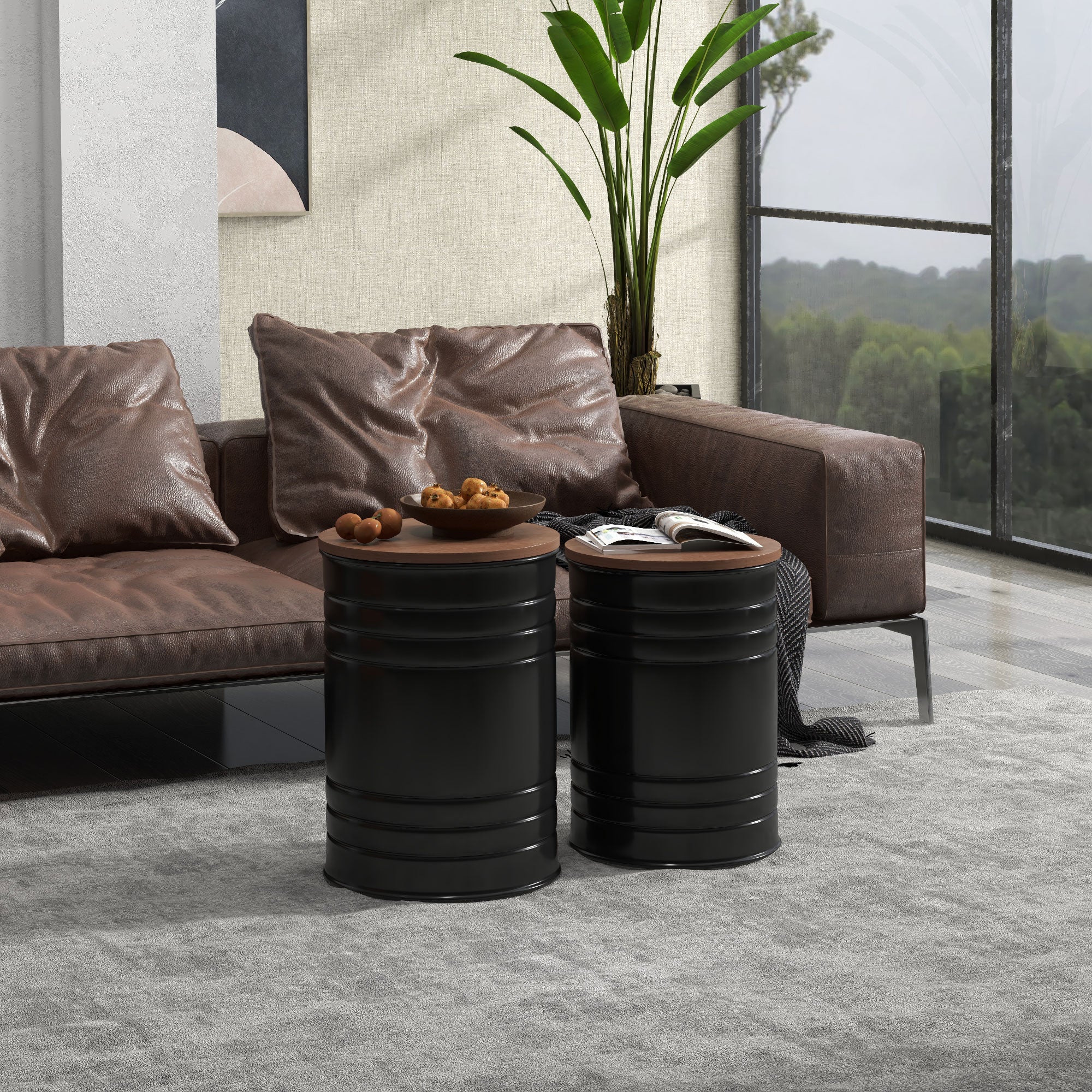 Round Storage Ottoman Set of 2, Nesting Ottomans w/ Wooden Lid & Hidden Storage Space