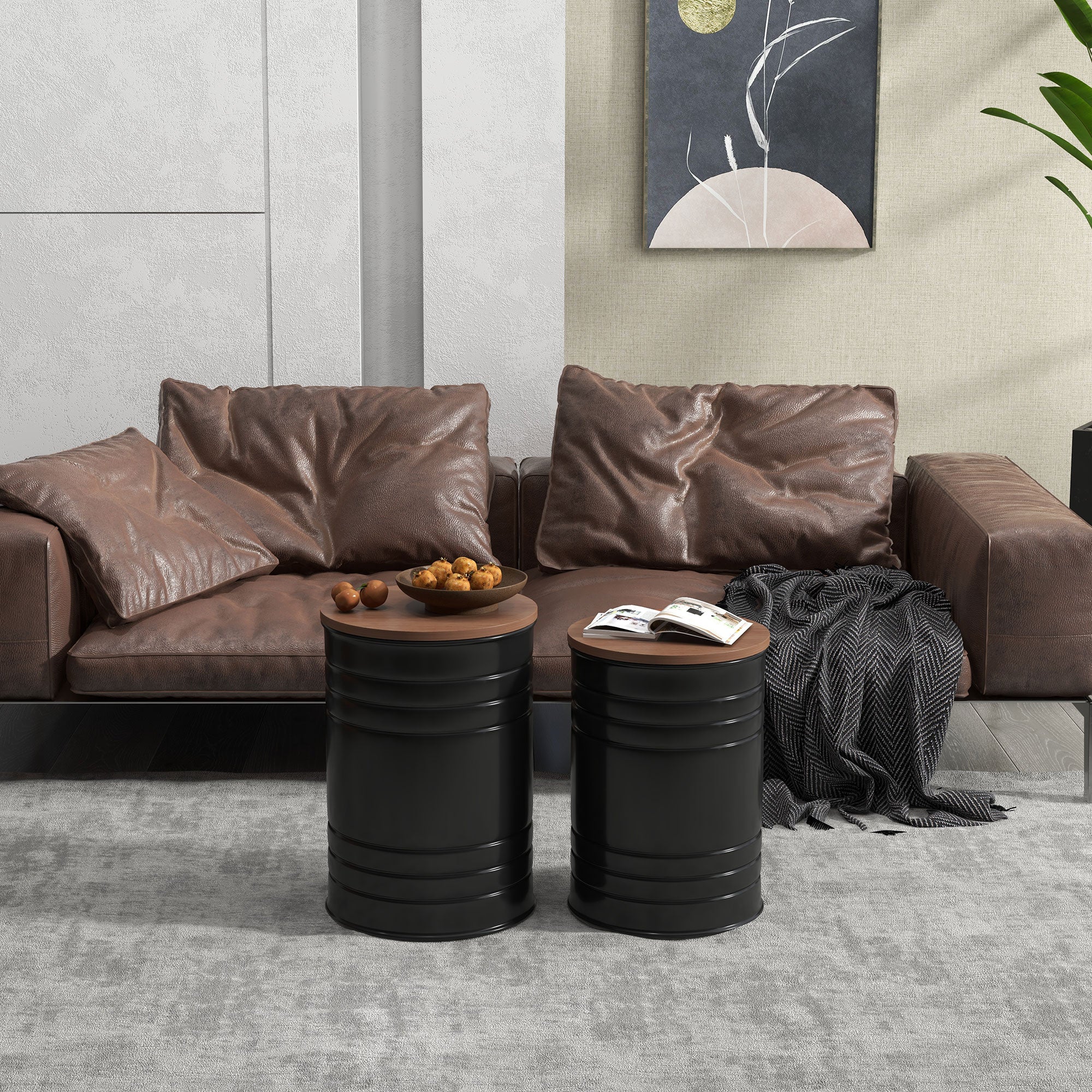 Round Storage Ottoman Set of 2, Nesting Ottomans w/ Wooden Lid & Hidden Storage Space