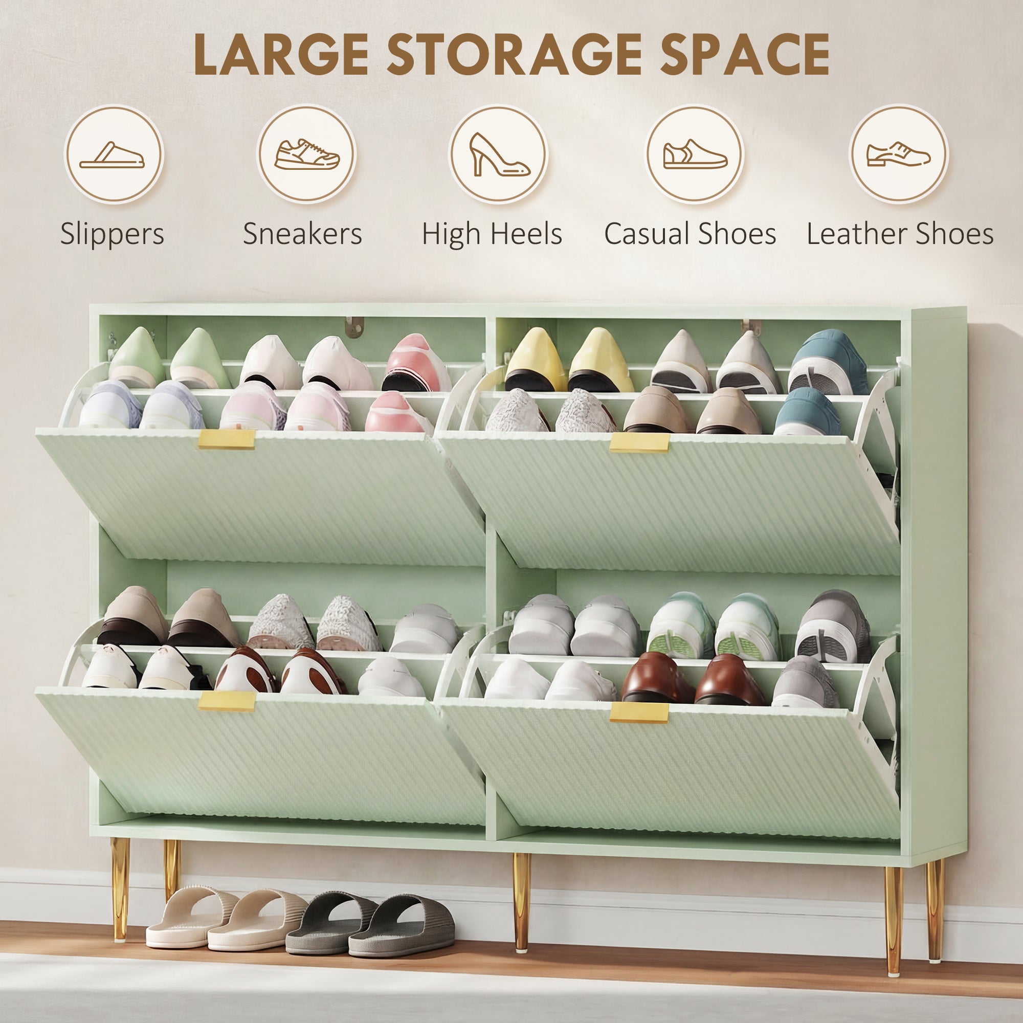 Narrow Shoe Cabinet with 4 Flip Drawers, Modern Slim Shoe Storage Cabinet with Fluted Doors and Adjustable Shelves for Hallway, Holds 10-20 Pairs, Light Green