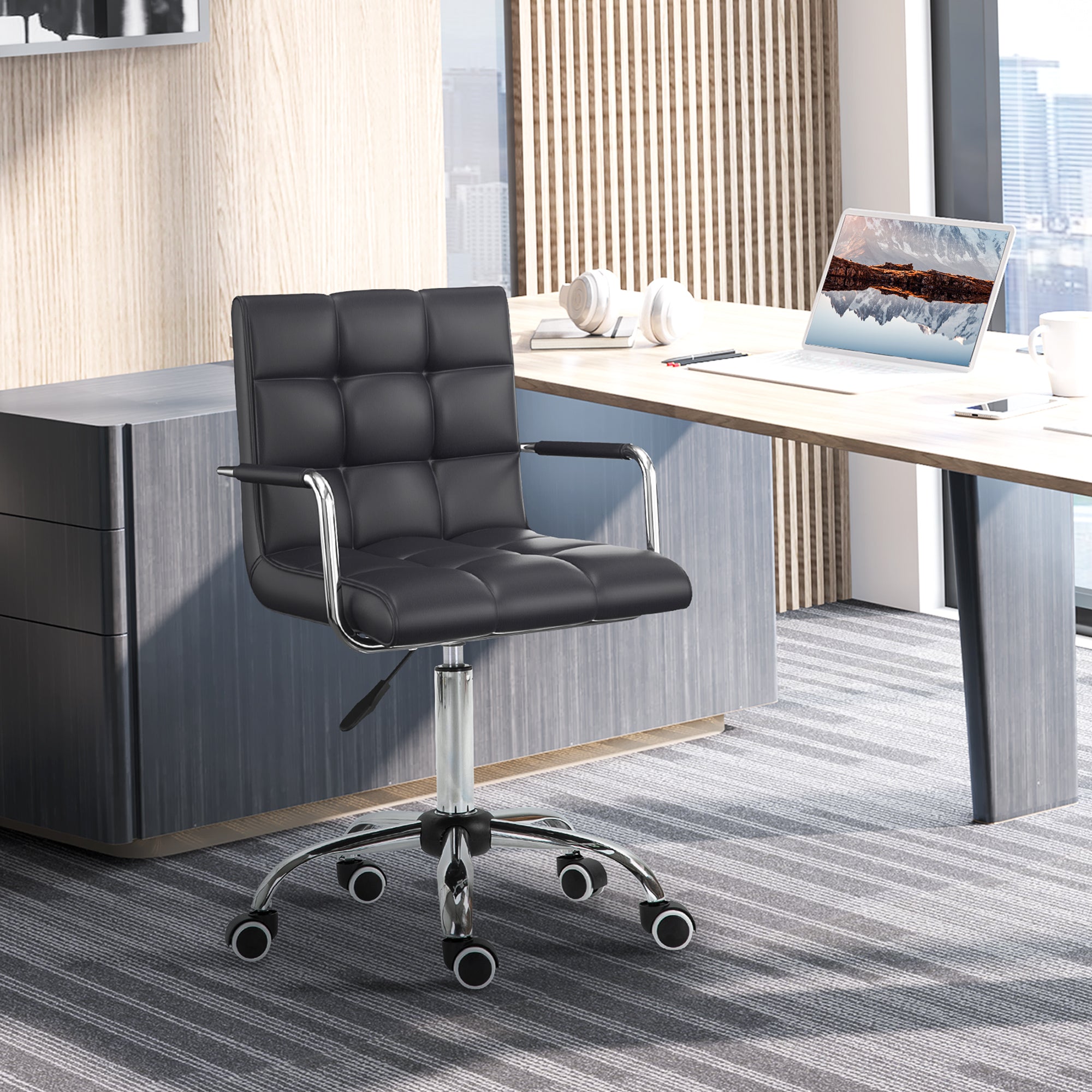 Vinsetto Office Chair, Makeup Vanity Chair, Mid Back Computer Chair, PU Leather Swivel Study Chair with Adjustable Height, Armrest and Rolling Wheels, Black