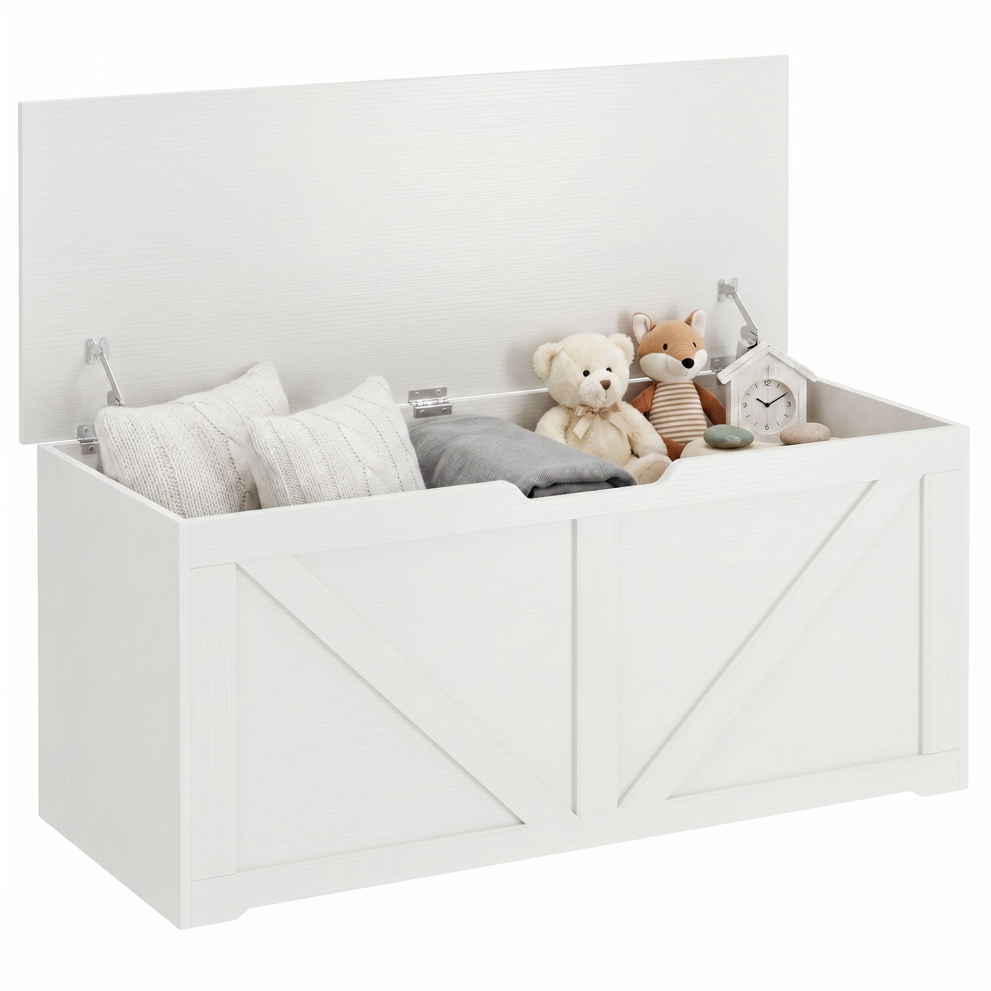 127L Storage Chest, Shoe Storage Trunk Bench Box with 2 Safety Hinges and U-shaped Cut-out Pull, Blanket Box Ottoman for Bedroom, Living Room, Entryway, 100 x 40 x 45 cm, White Wood-Effect