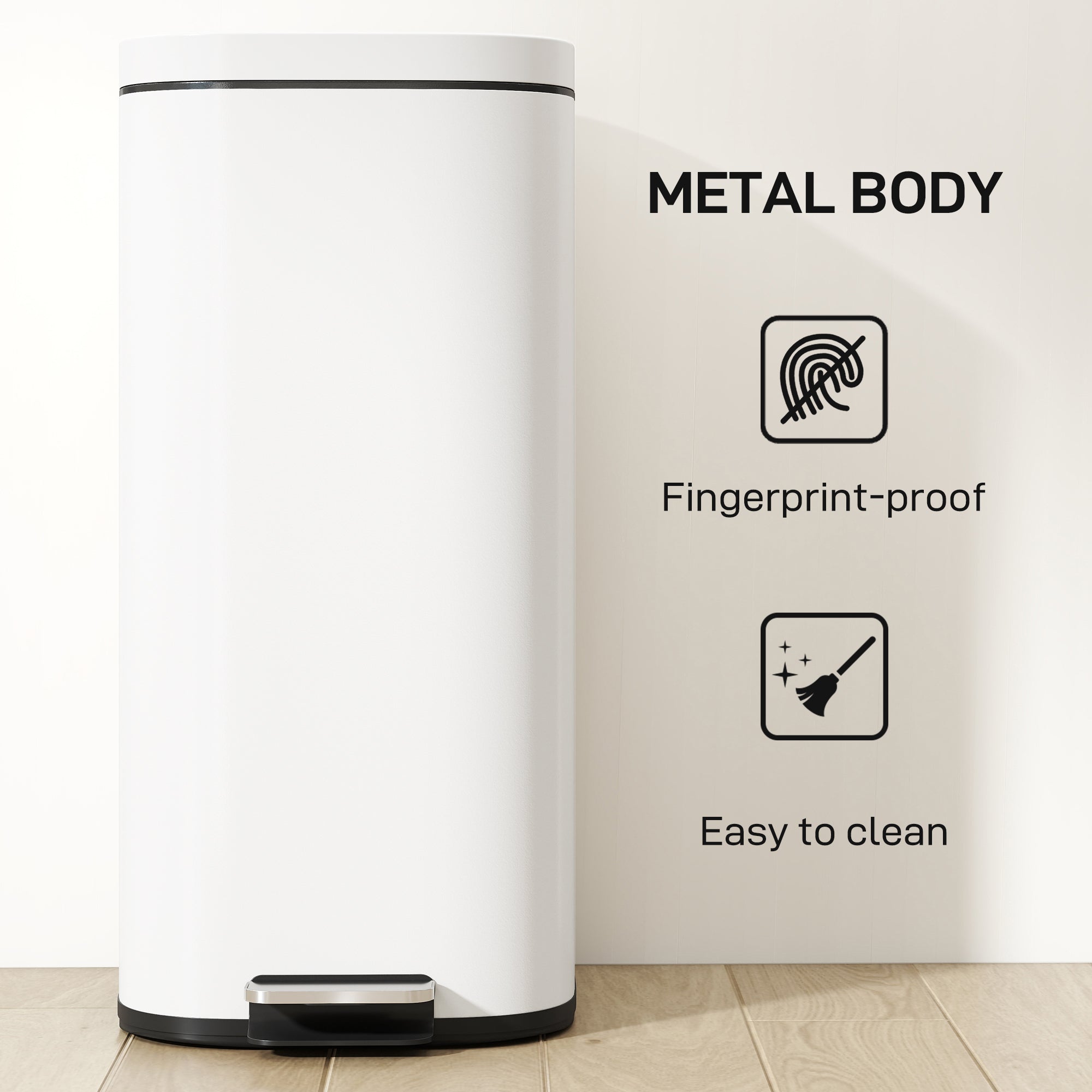 30L Kitchen Bin with Lid, Compact Pedal Bin with Soft-Close and Stay-Open Lid, Removable Inner Bucket, Fingerprint-Resistant for Kitchen, Home, Office, Bedroom, Cream White