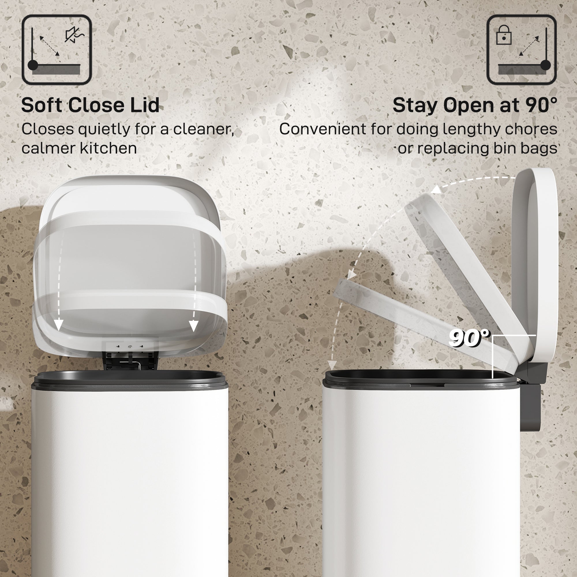 30L Kitchen Bin with Lid, Compact Pedal Bin with Soft-Close and Stay-Open Lid, Removable Inner Bucket, Fingerprint-Resistant for Kitchen, Home, Office, Bedroom, Cream White