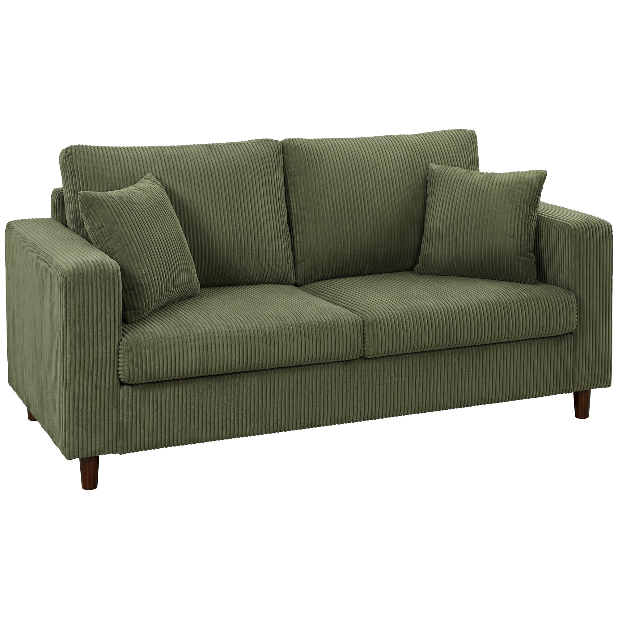 2 Seater Sofa, 170 cm Comfy Corduroy Couch with Wide Deep Seat, Wide Armrests, Spring Cushion, Thick Padded, Solid Wood Legs, Loveseat Sofa for Living Room, Green