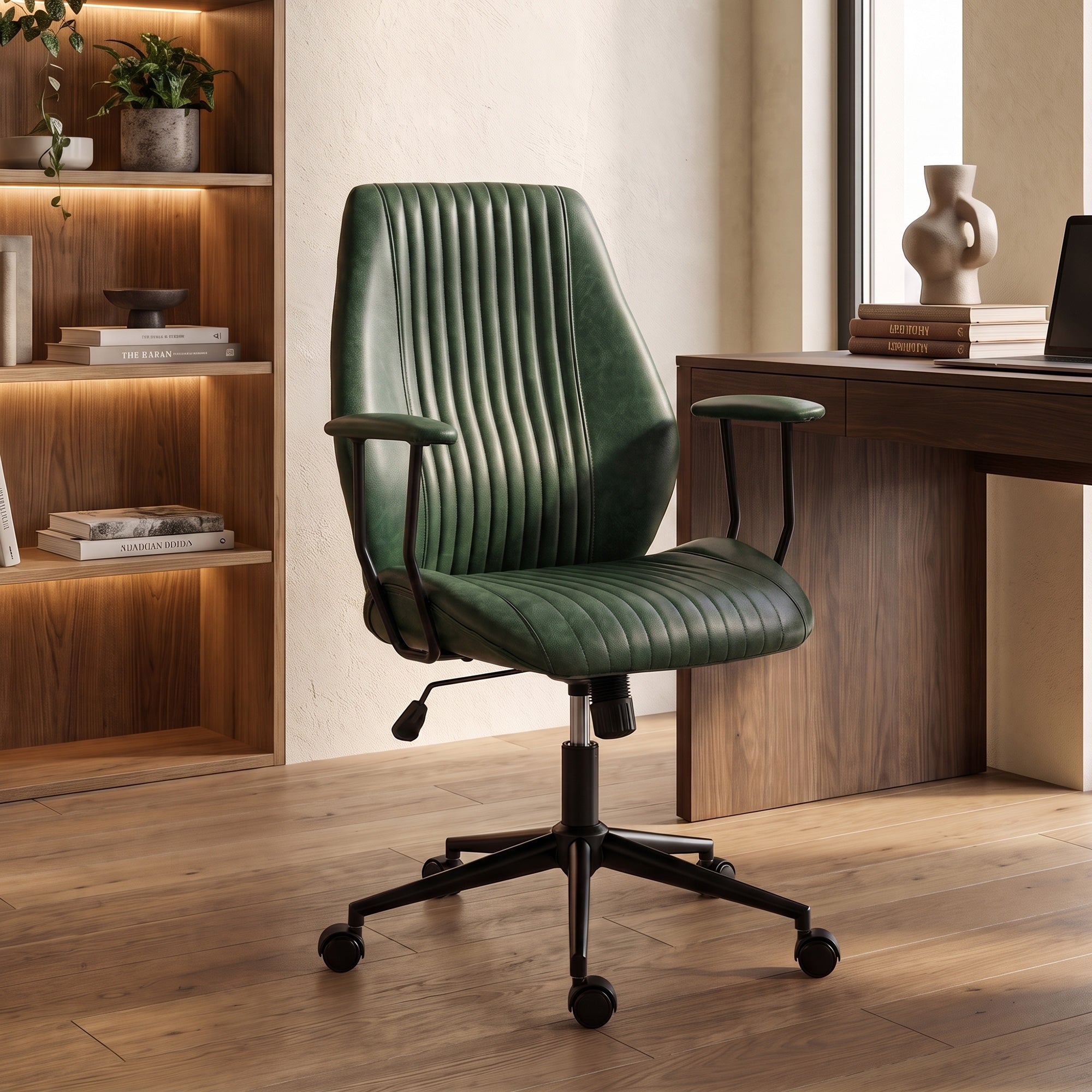 Home Office Desk Chair, PU Leather Computer Chair with Padded Arms, Mid Back, 360° Swivel, Adjustable Height, Tilt Function, Rolling Wheels, Vintage Style for Task, Study, Work, Green