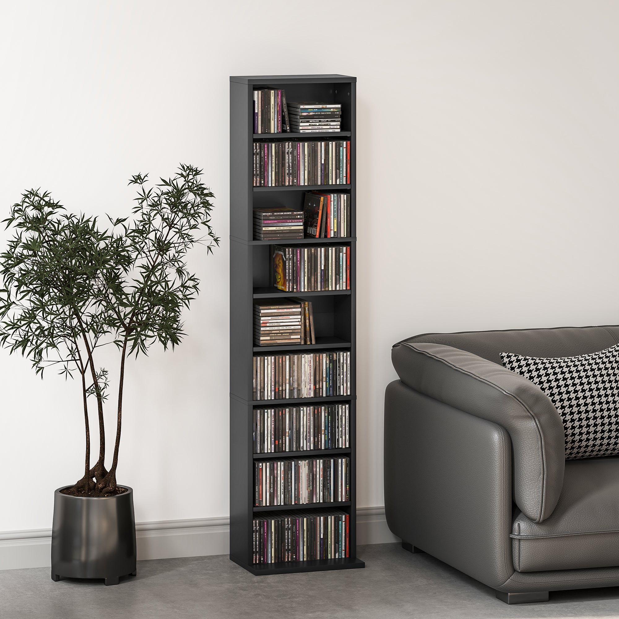 Media Storage Cabinet, 9-Tier Tall Narrow DVD Shelf with 6 Adjustable Shelves, Display Shelf, Holds 260 CDs, 120 DVDs, Black