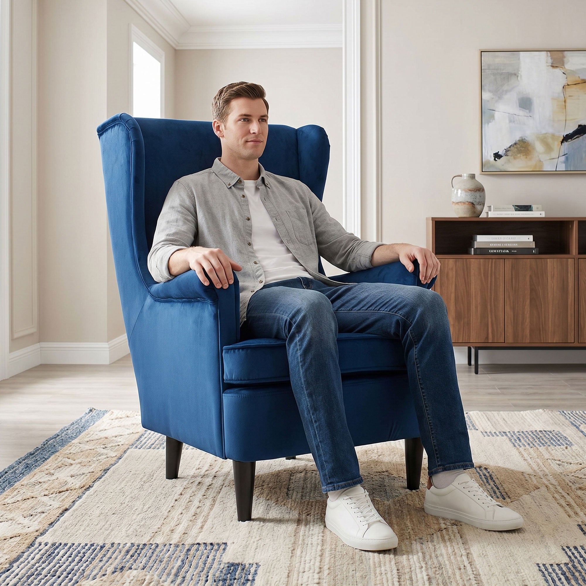 Modern Accent Chair, Upholstered Wingback Armchair with High Backrest and Pillow, Velvet-Feel Fabric Reading Chair with Solid Wood Legs for Living Room, Bedroom, Home Office, Blue