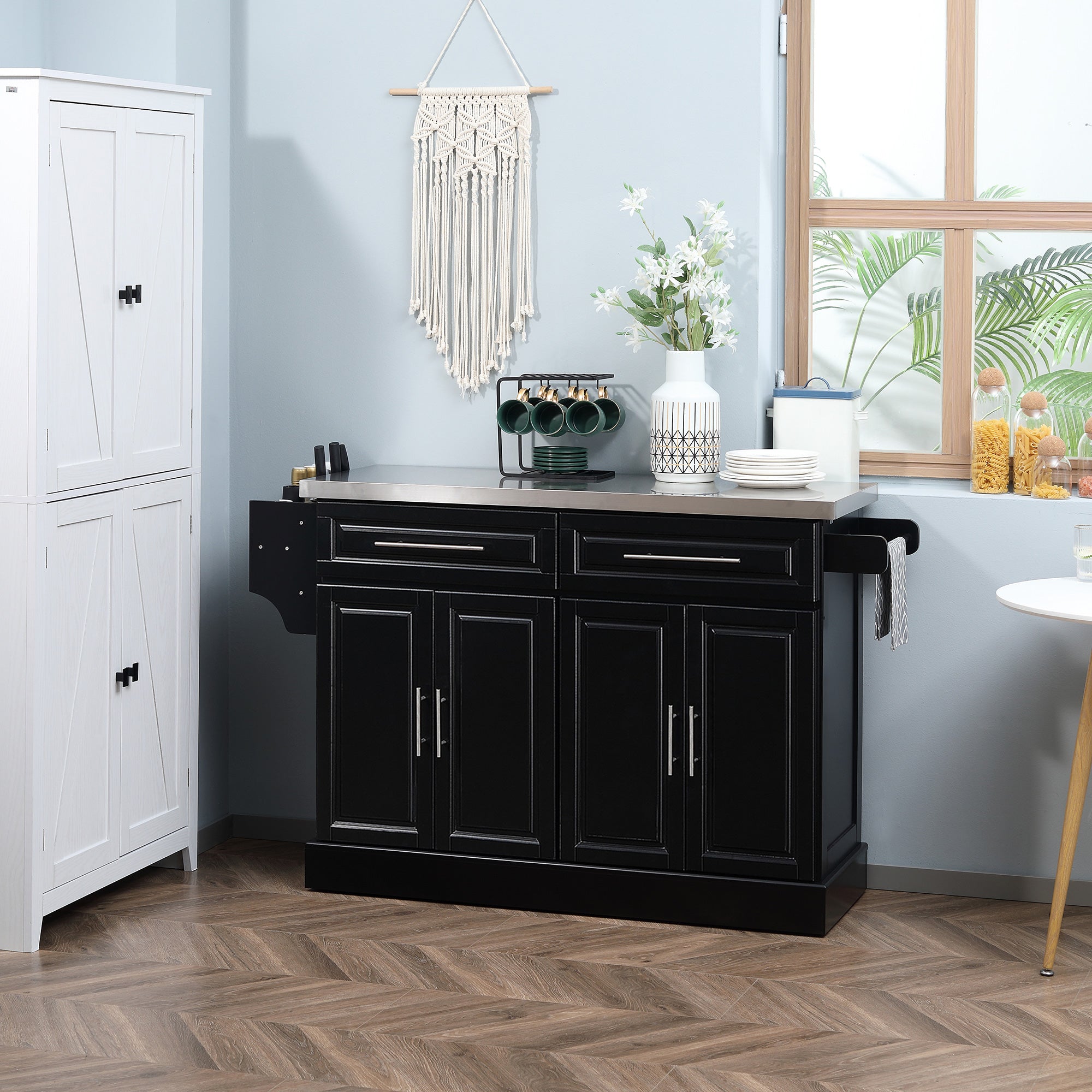 Rolling Kitchen Island with Storage Portable Cart with Stainless Steel Top 2 Drawers Black - HOMCOM