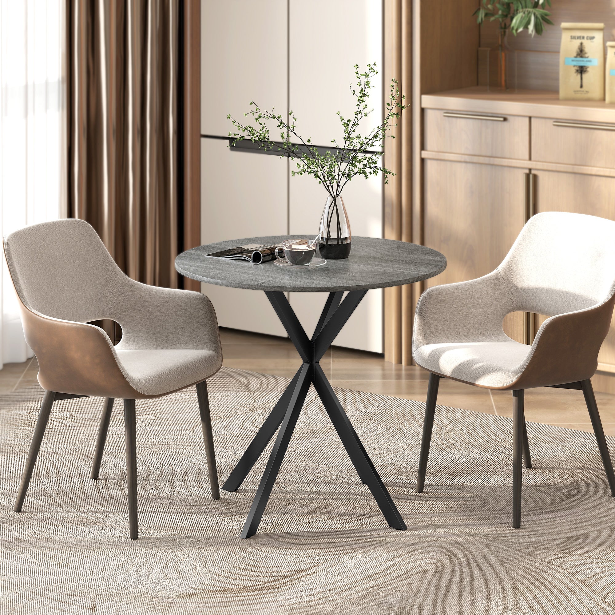 31.5" Round Dining Table, Industrial Kitchen Table with Cross Steel Legs for Dining Room, Kitchen, Living Room, Distressed Grey