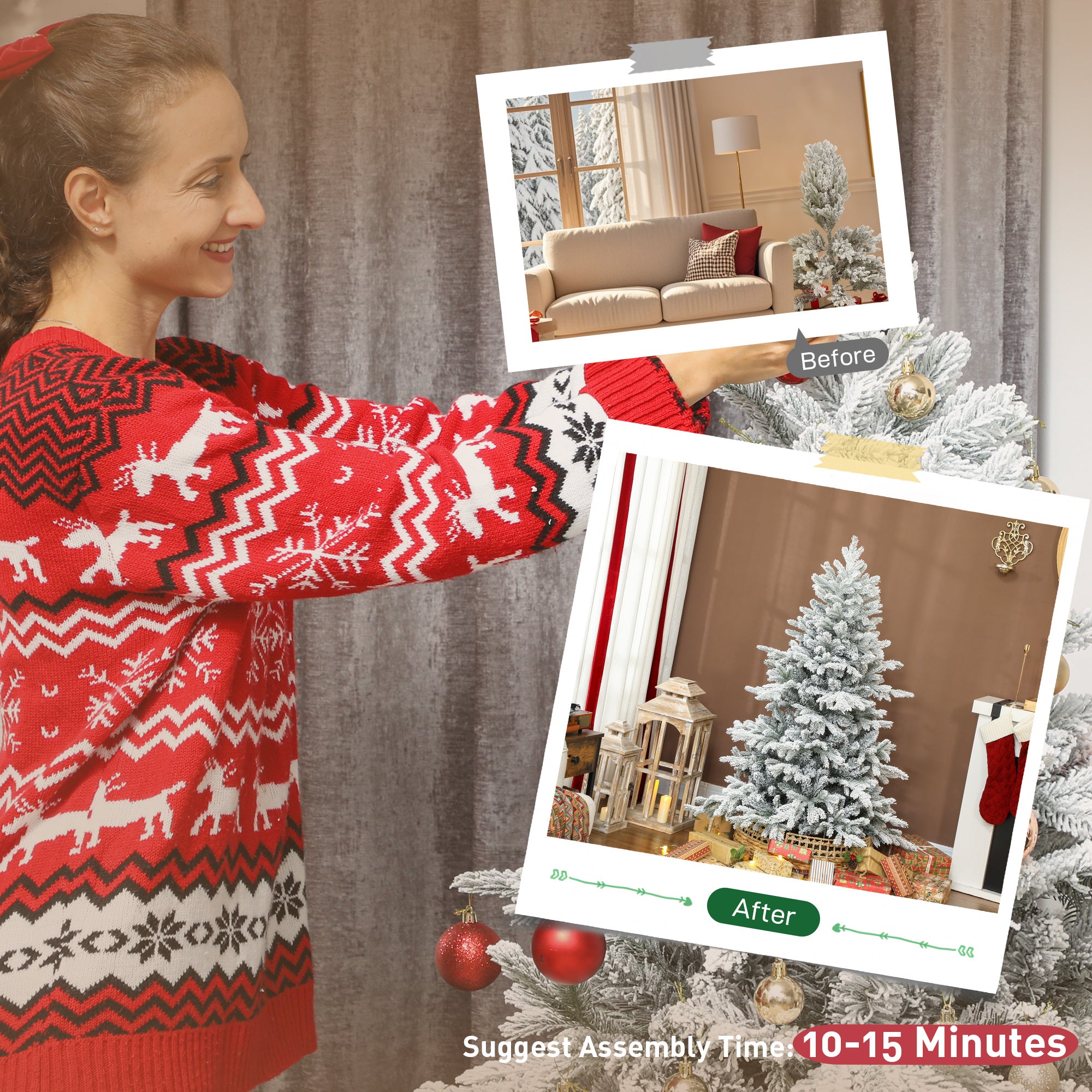 5ft Snow Flocked Christmas Tree with Realistic Tips, Wide Hinged Xmas Tree with Foldable Metal Stand, Easy Assembly for Home Decor