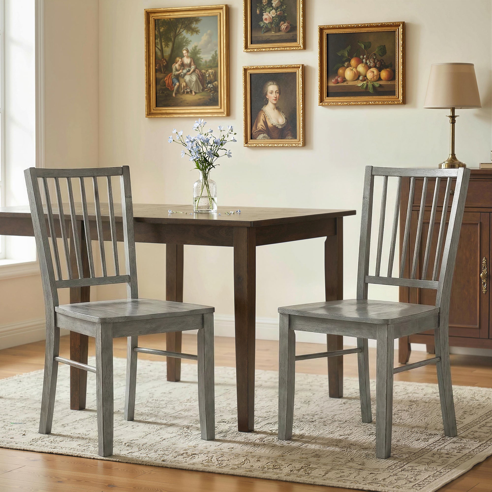 Farmhouse Dining Chairs Set of 2, Ergonomic Solid Wood Armless Kitchen Chairs with Rubberwood Legs for Dining Room, Kitchen, Rustic Gray