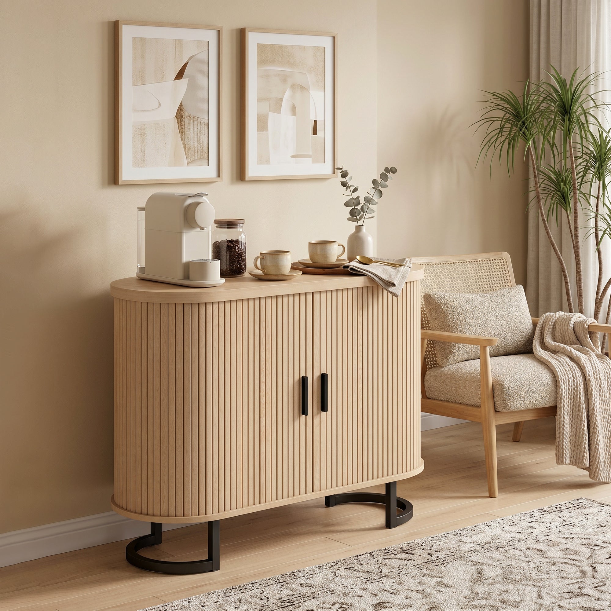 Sideboard Buffet Cabinet with Curved Tambour Doors and Thick Tabletop, 39.4" Coffee Bar Cabinet with Arc Metal Legs, Coffee Bar Station, Natural Wood