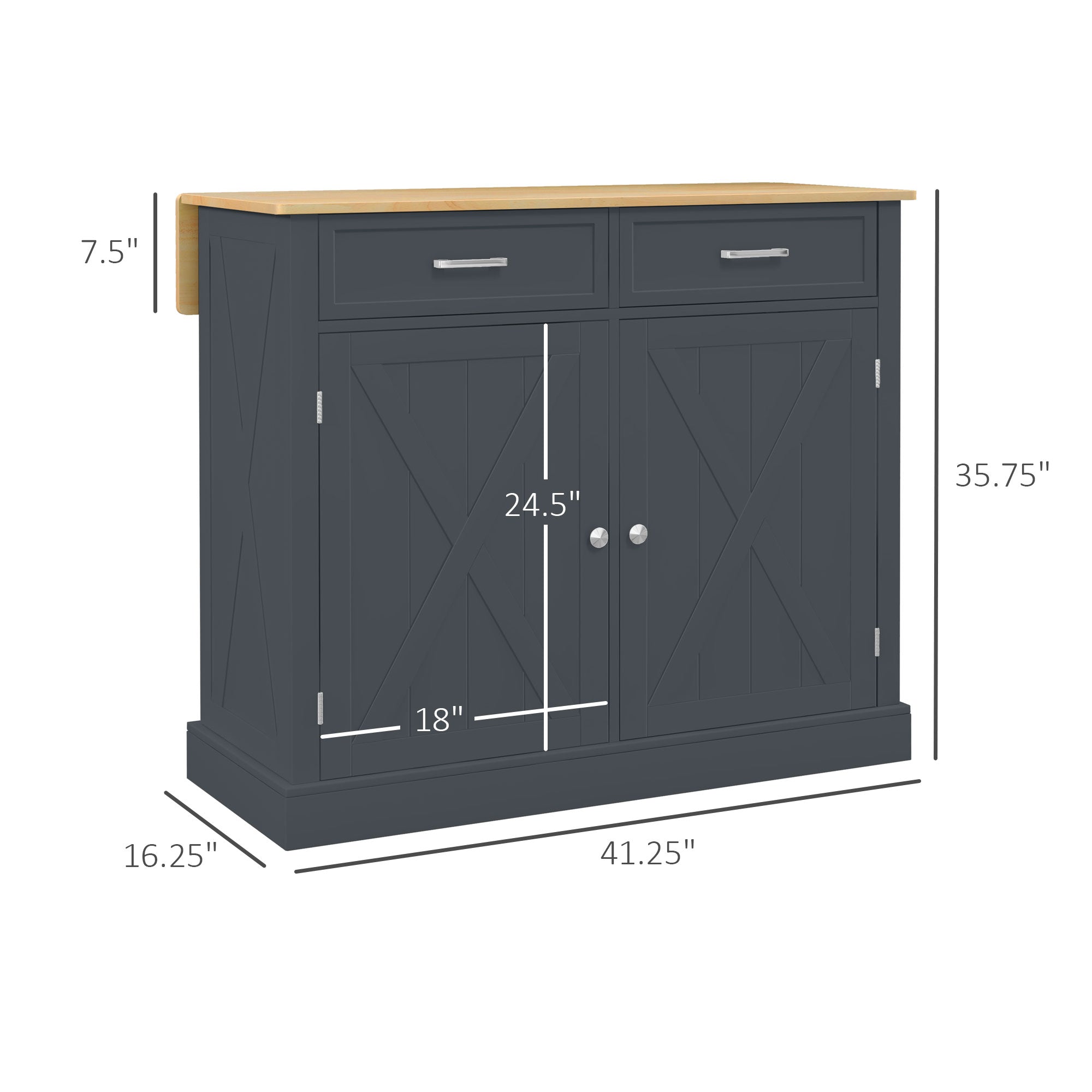 Rolling Kitchen Island with Drop Leaf, Wood Breakfast Bar Cart with 2 Drawers, Dark Gray